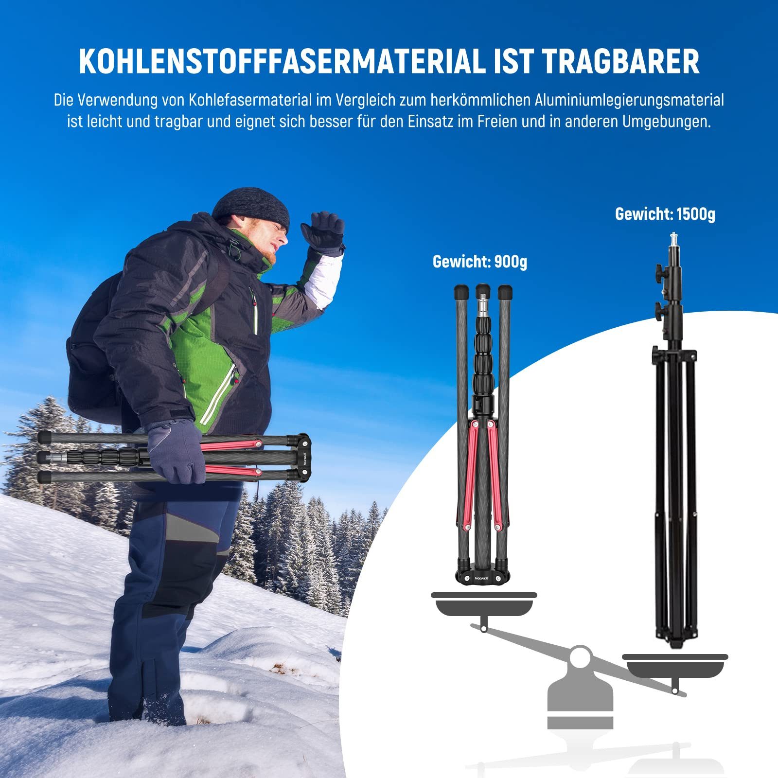 Neewer ST210R Carbon Lichtstativ, 220cm tragbares Reisestativ, mit Tasche Lampenstativ (1/4" auf 3/8" Schraubenadapter, für Outdoor Fotografie Speedlite)