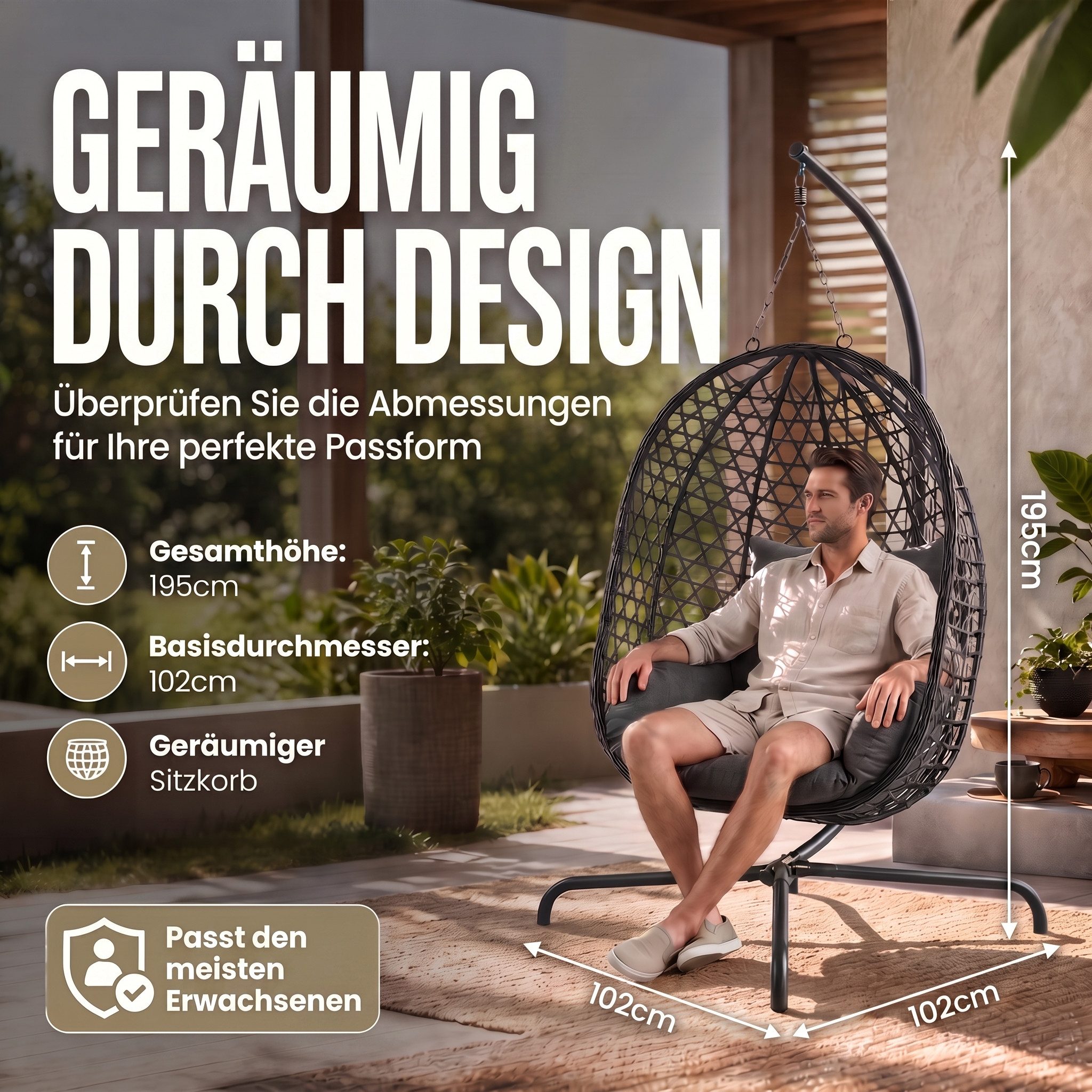 Goods+Gadgets Hängestuhl Polyrattan Hängestuhl mit Gestell und Kissen–Komfort für Innen & Außen (Hängekorb Sessel), Schwebeliege Rattan Outdoor & Indoor Relax H – Bild 4 von 5
