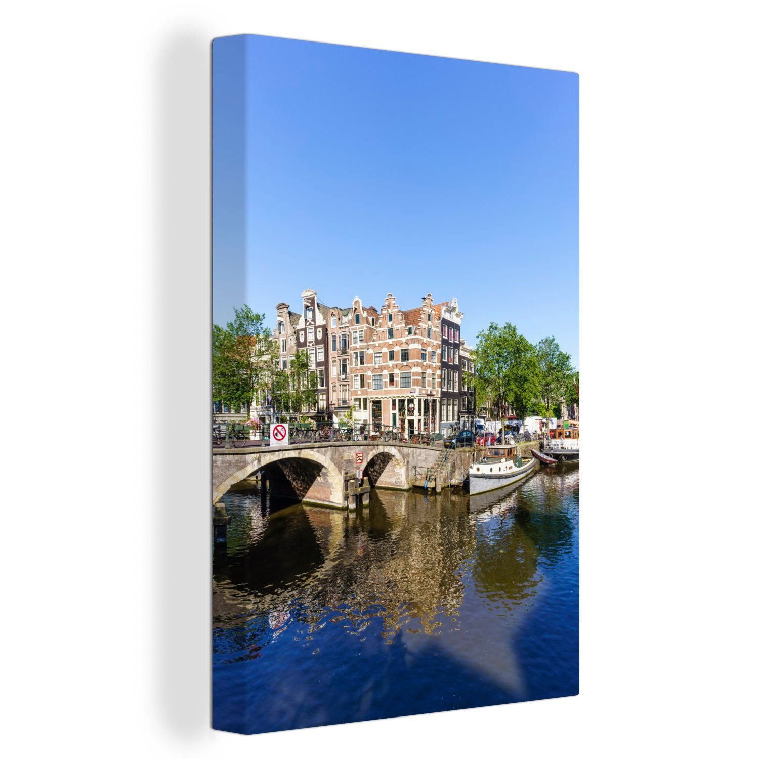 OneMillionCanvasses® Leinwandbild Spiegelung einer Brücke in der Nähe der Brouwersgracht in Amsterdam, (1 St), Leinwandbild fertig bespannt inkl. Zackenaufhänger, Gemälde, 20x30 cm