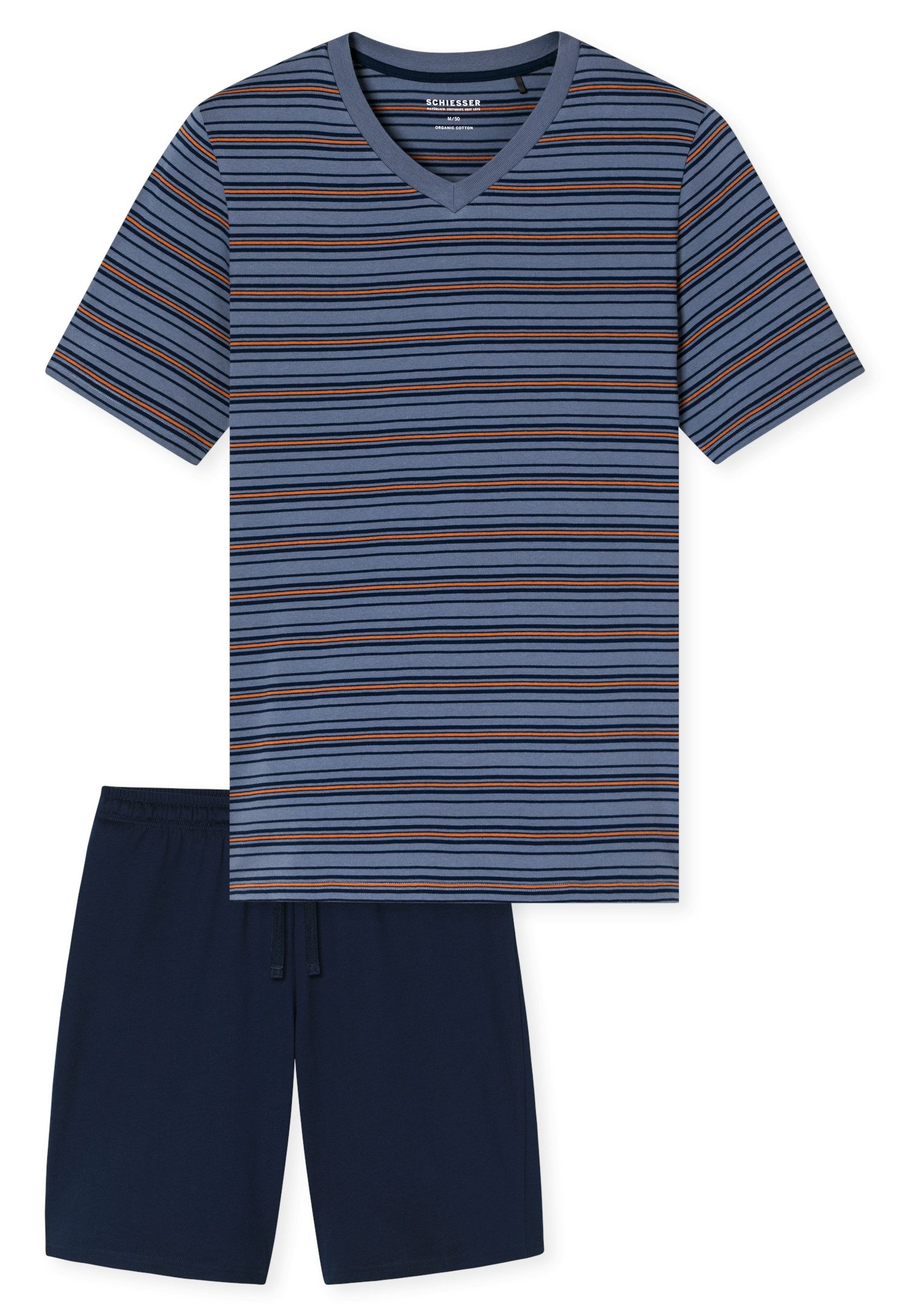 Schiesser Shorty Casual Nightwear (2 tlg) mit V-Ausschnitt und kurzem Arm, Oberteil gestreift