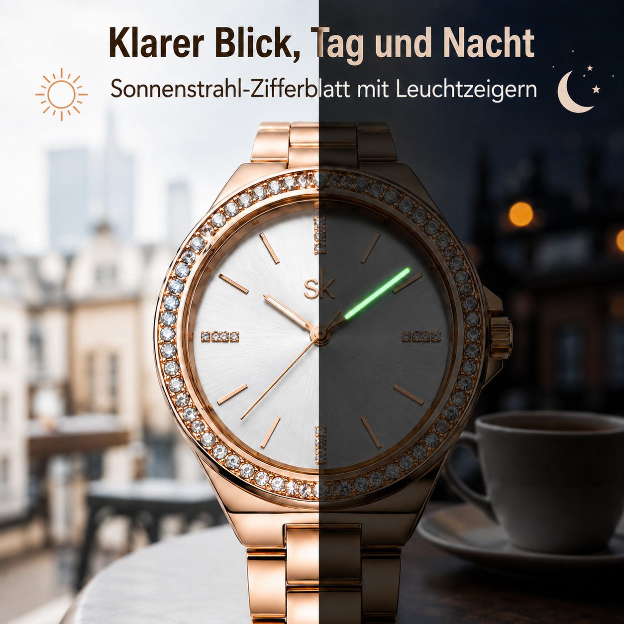 Toomoke Quarzuhr Damenuhr Roségold, Schmuckuhr mit Kristallen, Damen Accessoire, (Edelstahlmodell mit Schmucklünette, klassisches Design für Damen), 34 mm Gehäu – Bild 4 von 5