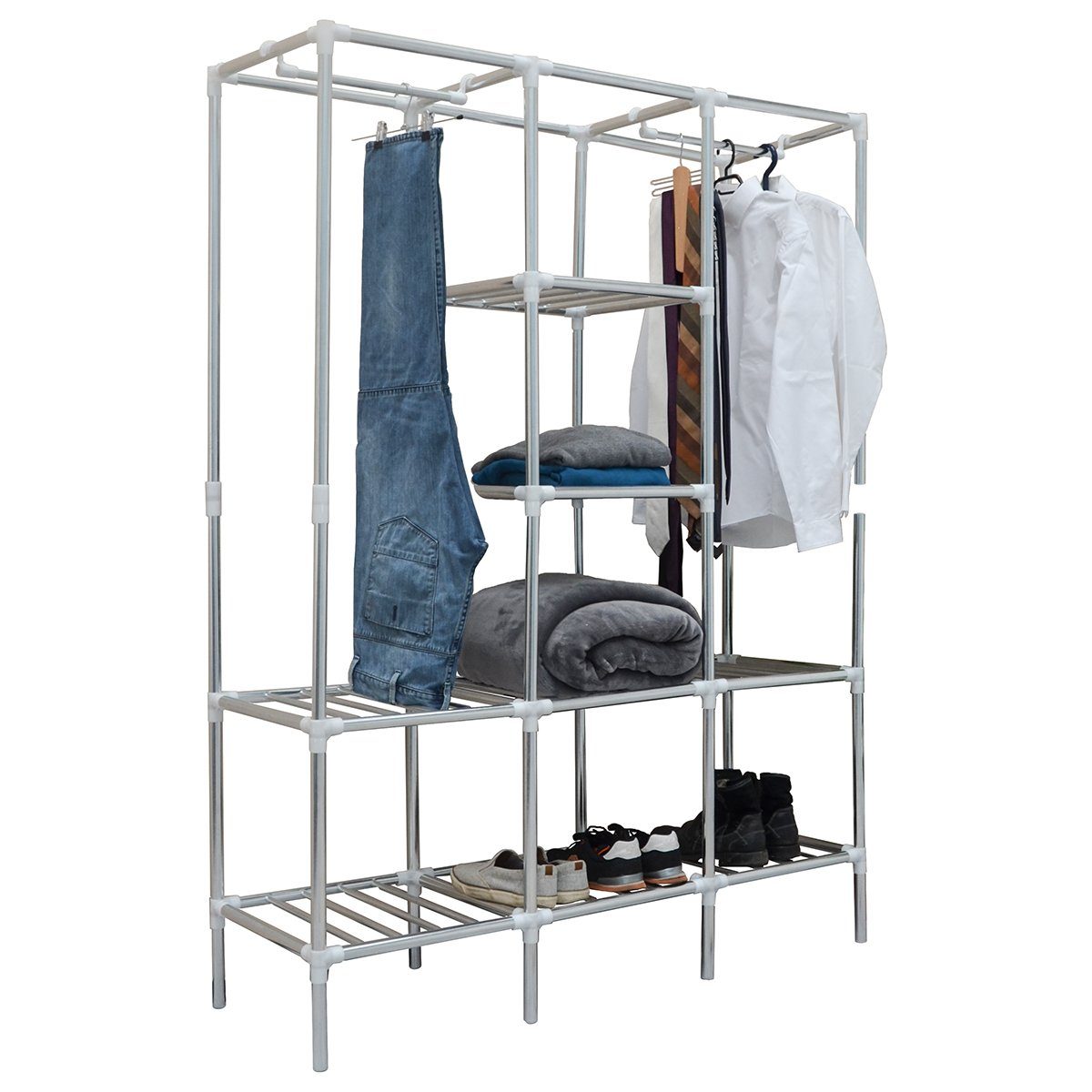 eyepower Kleiderschrank 178 x 128 x 45 cm Offener Schrank - Metall Steckregal 8 Ablagen Regal für Schlafzimmer mit Kleiderstange - Regalsystem - Ablageregal