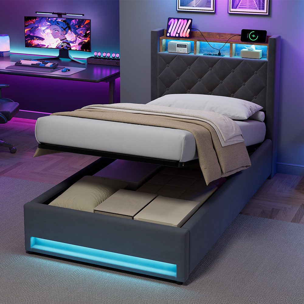REDOM Polsterbett mit Premium-Samt – Stabil, Komfortabel, Zeitlos (Robuster Holz-Eisen-Rahmen • Atmungsaktiver Schaum • Inklusive Lattenrost, 2-tlg), Mit LED-Lichtleiste und USB-Aufladung