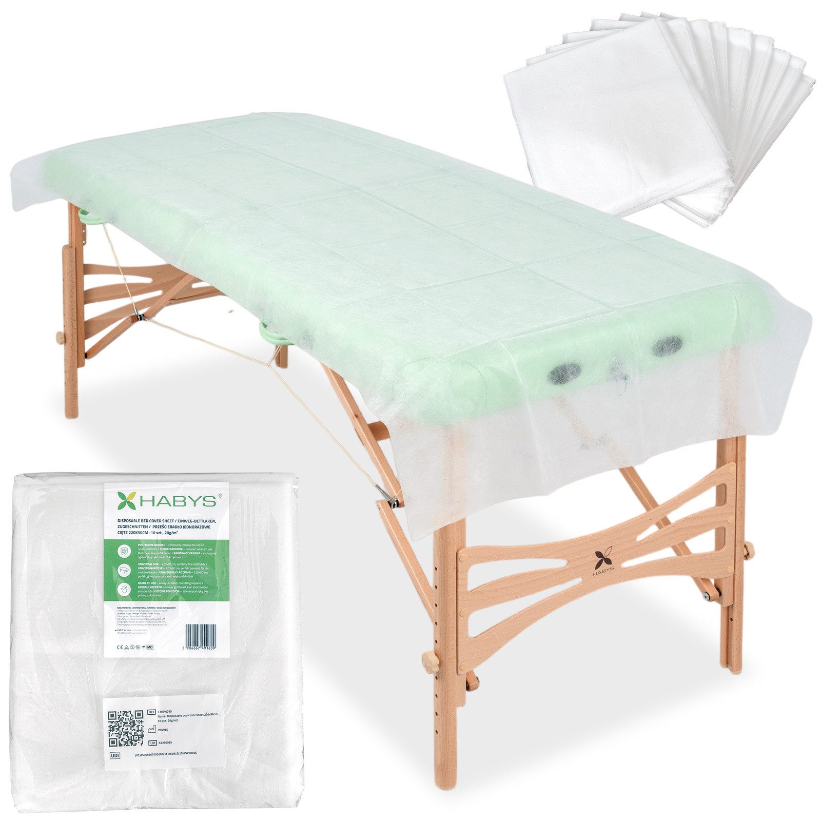 Habys Massageliege Vlies Einwegauflagen geschnitten, 220x90 cm, 10 Stück, Weiß