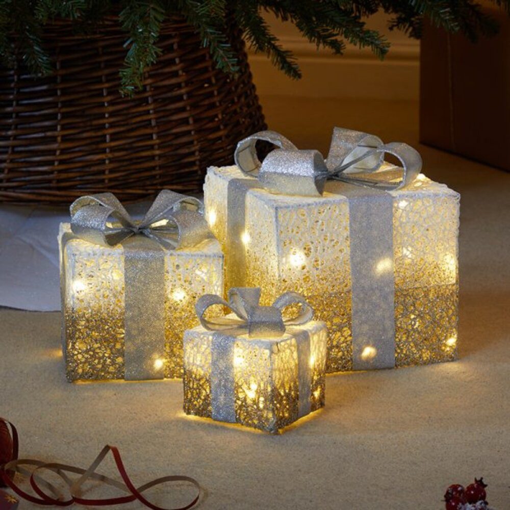 THREE KINGS Weihnachtsszene LED Geschenkboxen Gold in Baumwolloptik (3er-Set)