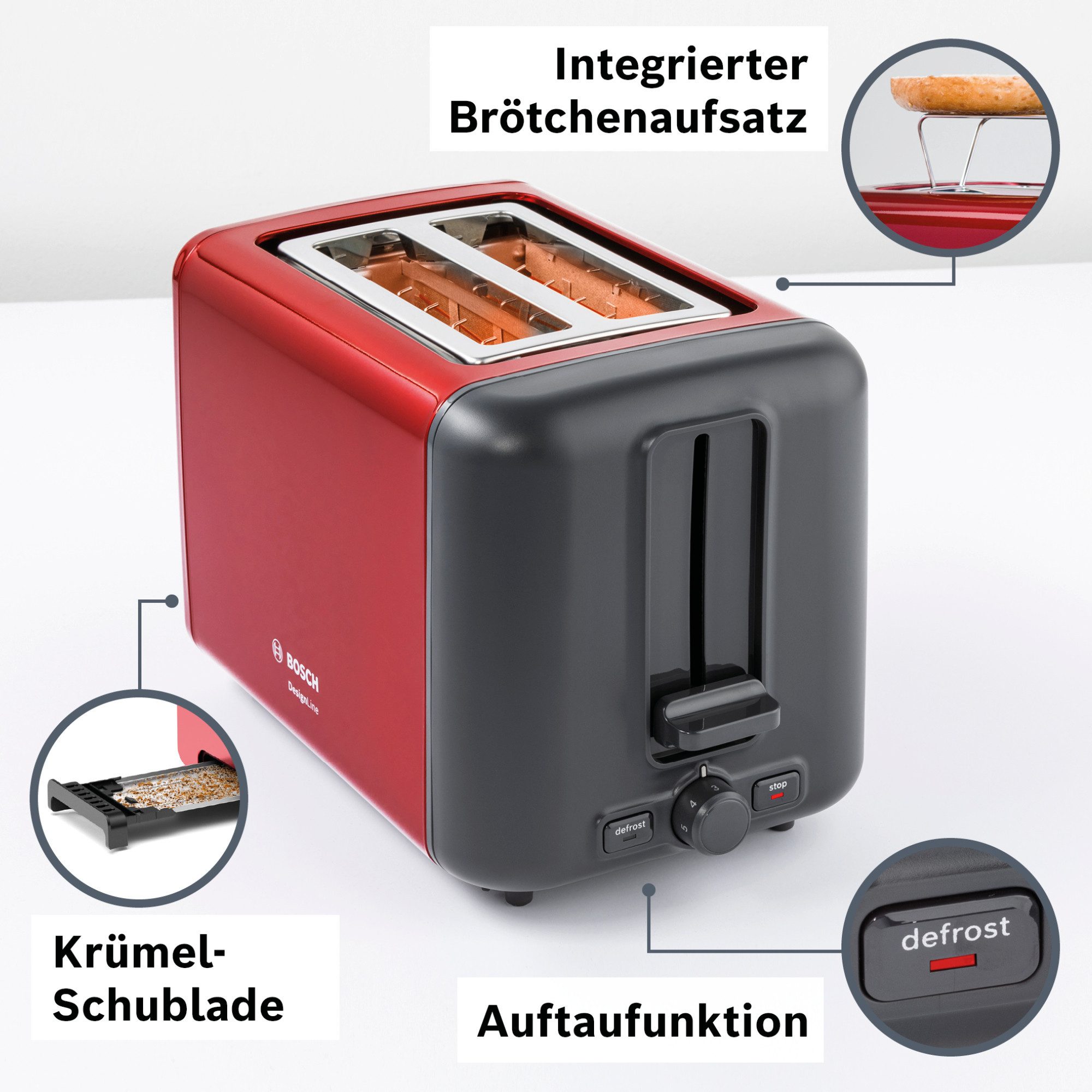 BOSCH Toaster DesignLine TAT3P424DE, Integrierter Edelstahl-Brötchenaufsatz, 2 kurze Schlitze, 820 W, Abschaltautomatik, Auftaufunktion, Liftfunktion, Breit, rot
