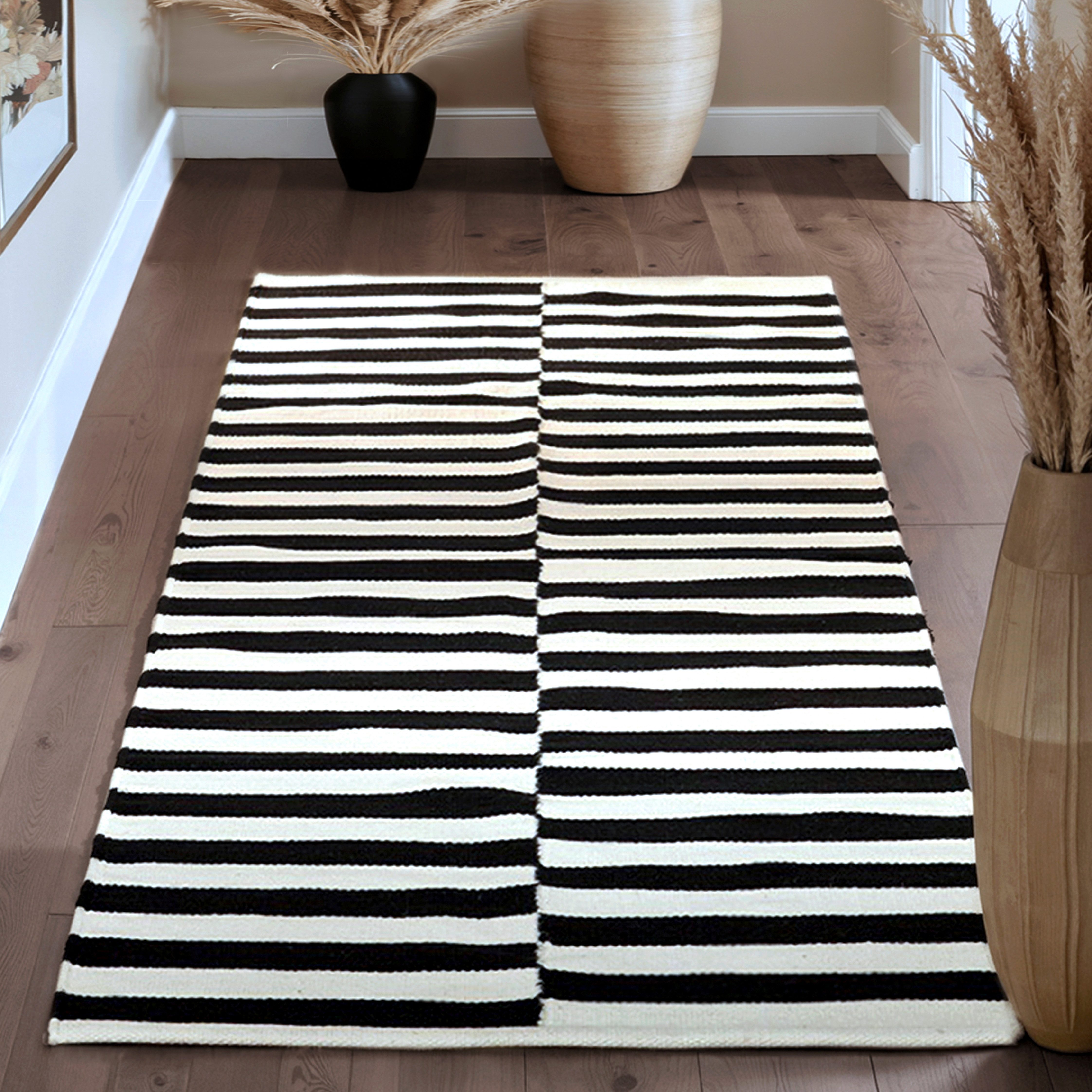 HANSE Home Wollteppich Vika, schwarz-weiss, rechteckig, Höhe: 5 mm, Handgewebt, Wolle, Natur, Läufer, Wohnzimmer, Schlafzimmer, Streifen