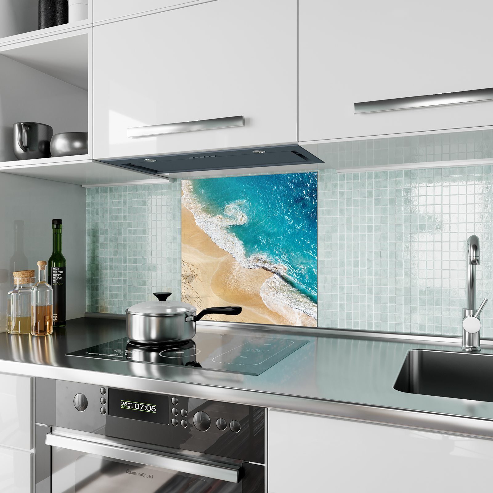 Primedeco Küchenrückwand Küchenrückwand Spritzschutz mit Tropischer Glas Strand Motiv