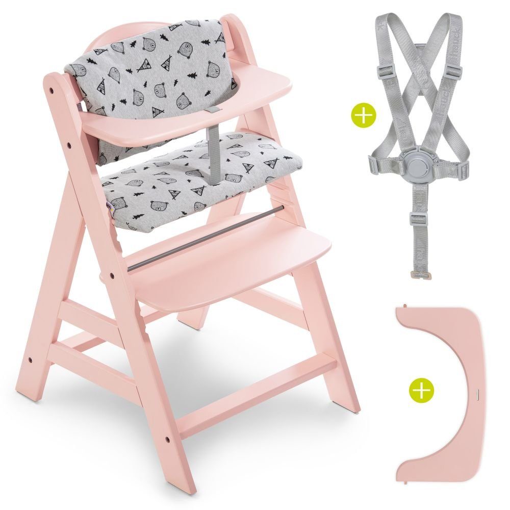 Hauck Hochstuhl Alpha Plus ab 4 St), (Set, Geburt Holz Babystuhl für Aufsatz & Rose Sitzauflage inkl. Set Newborn Neugeborene
