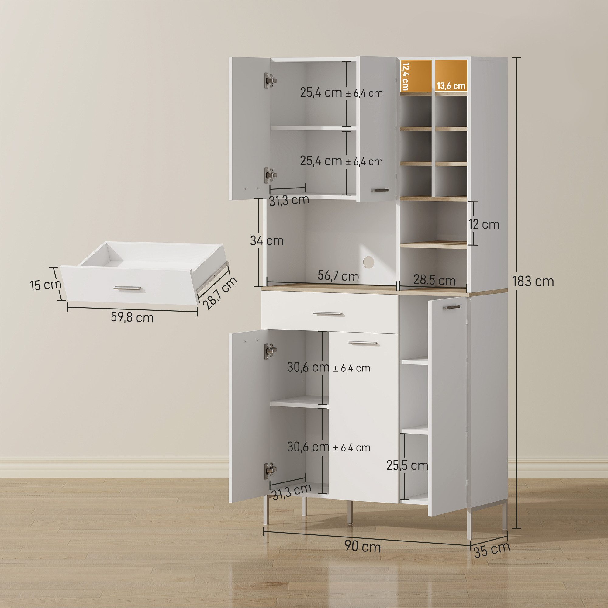 HOMCOM Küchenbuffet Küchenschrank mit Arbeitsplatte, 5 Türen, Weinregal, Schublade (Buffetschrank, 1-St., Hochschrank) Moderner Vorratsschrank, Weiß, 90 x 35 x 183 cm