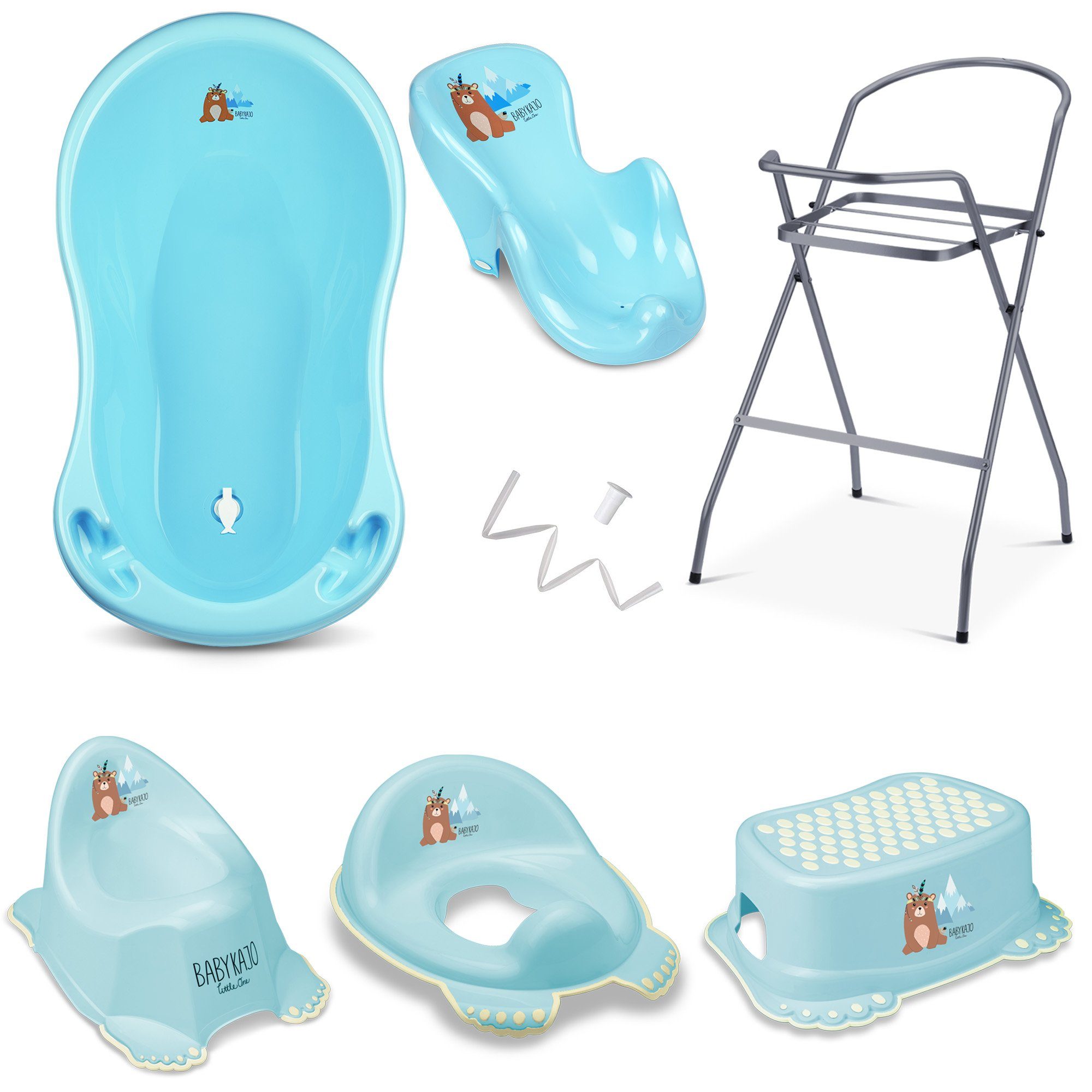 BABYKAJO Babybadewanne (Teile, 7-tlg), Baby Badewanne mit Gestell + Badesitz + Töpfchen + Hocker + WC Trainer mehr