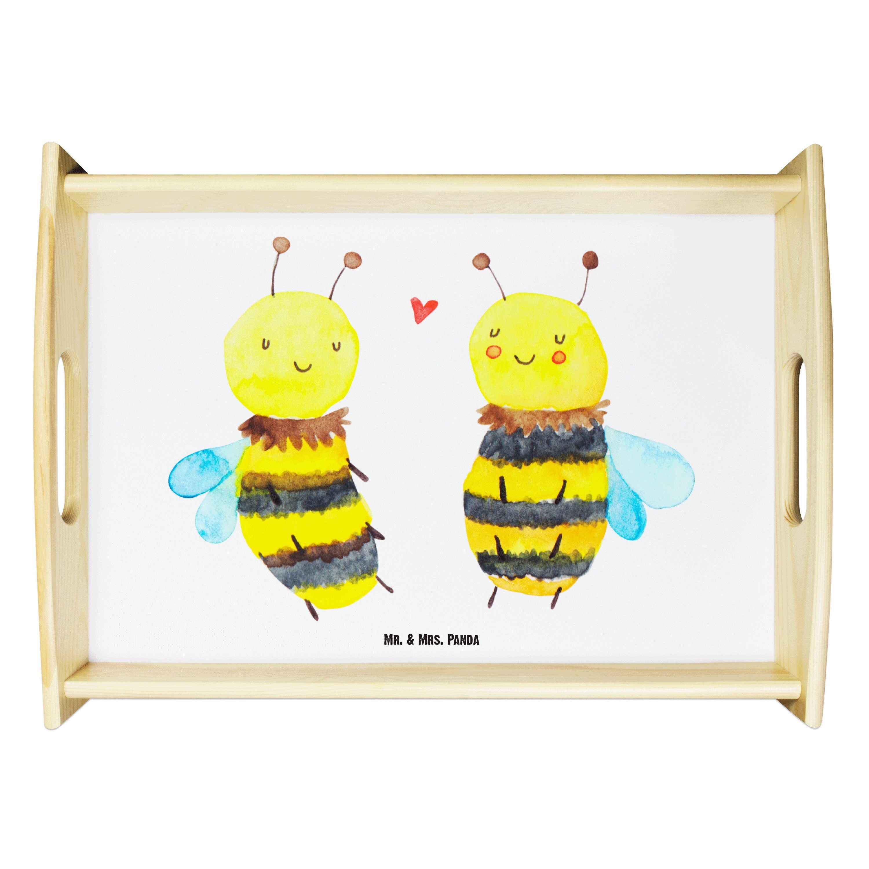Mr. & Mrs. Panda Tablett Biene Verliebt - Weiß - Geschenk, Holztablett, Küchentablett, Tablett, Echtholz lasiert, (1-tlg)