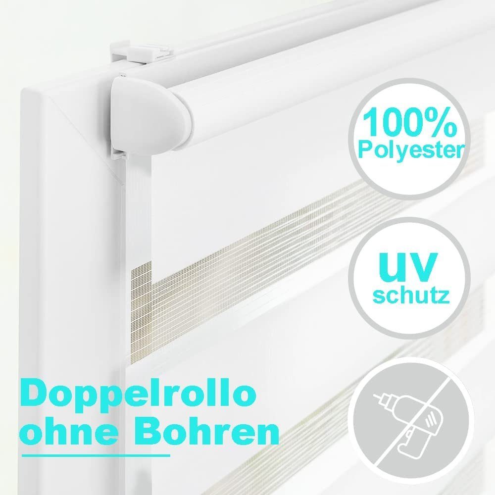 Doppelrollo Fensterrollo lichtdurchlässig, Weiß Rollo verdunkelnd, Klämmträger, OUBO, Ohne Bohren & Mit Bohren, freihängend, Klemmfix, Weiß