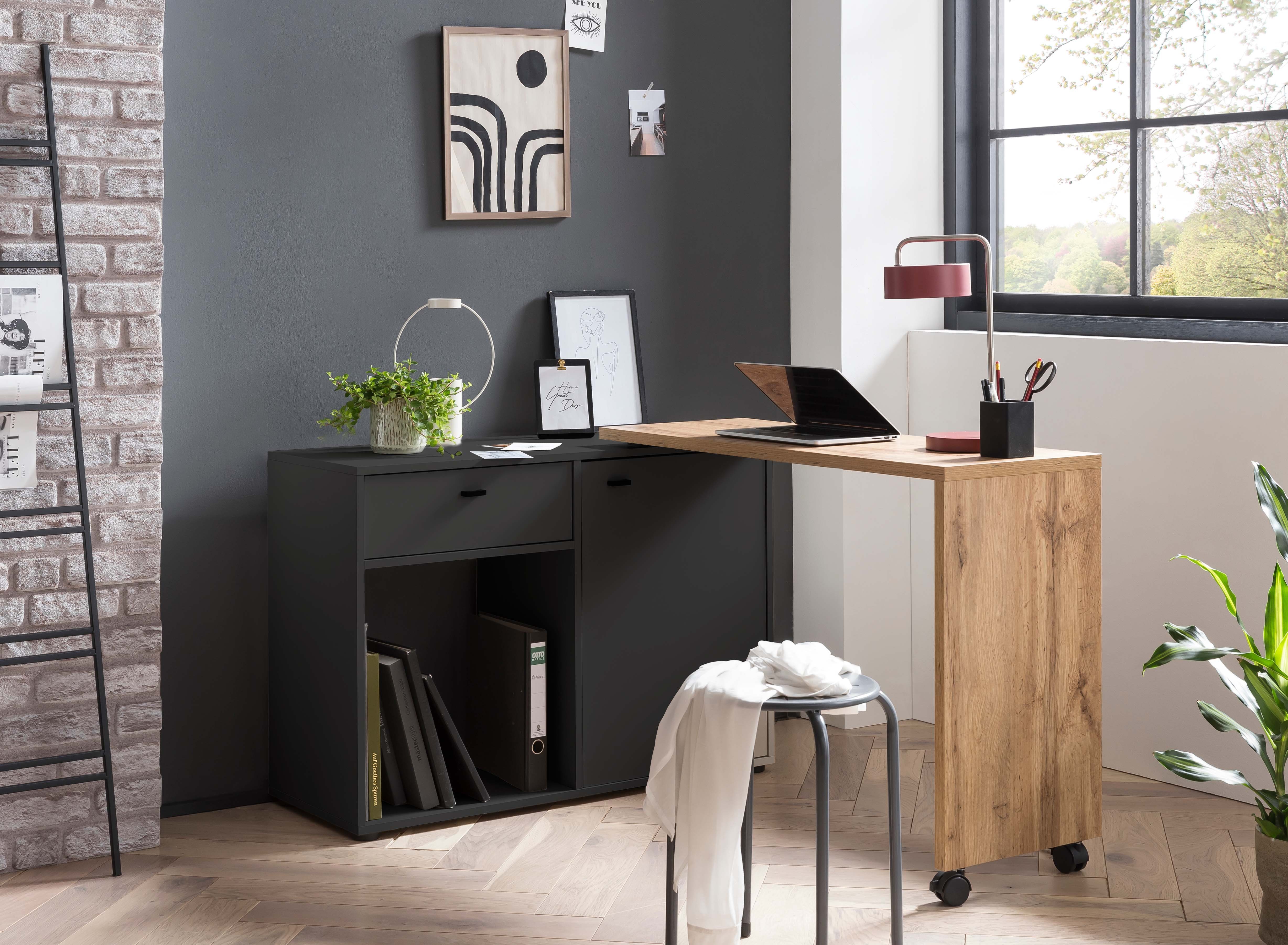 MÖBELPARTNER Schreibtisch mit drehbarer Arbeitsplatte Eiche/Schwarz Monkey, 75x105x39cm HxBxT Eiche/Pistazie