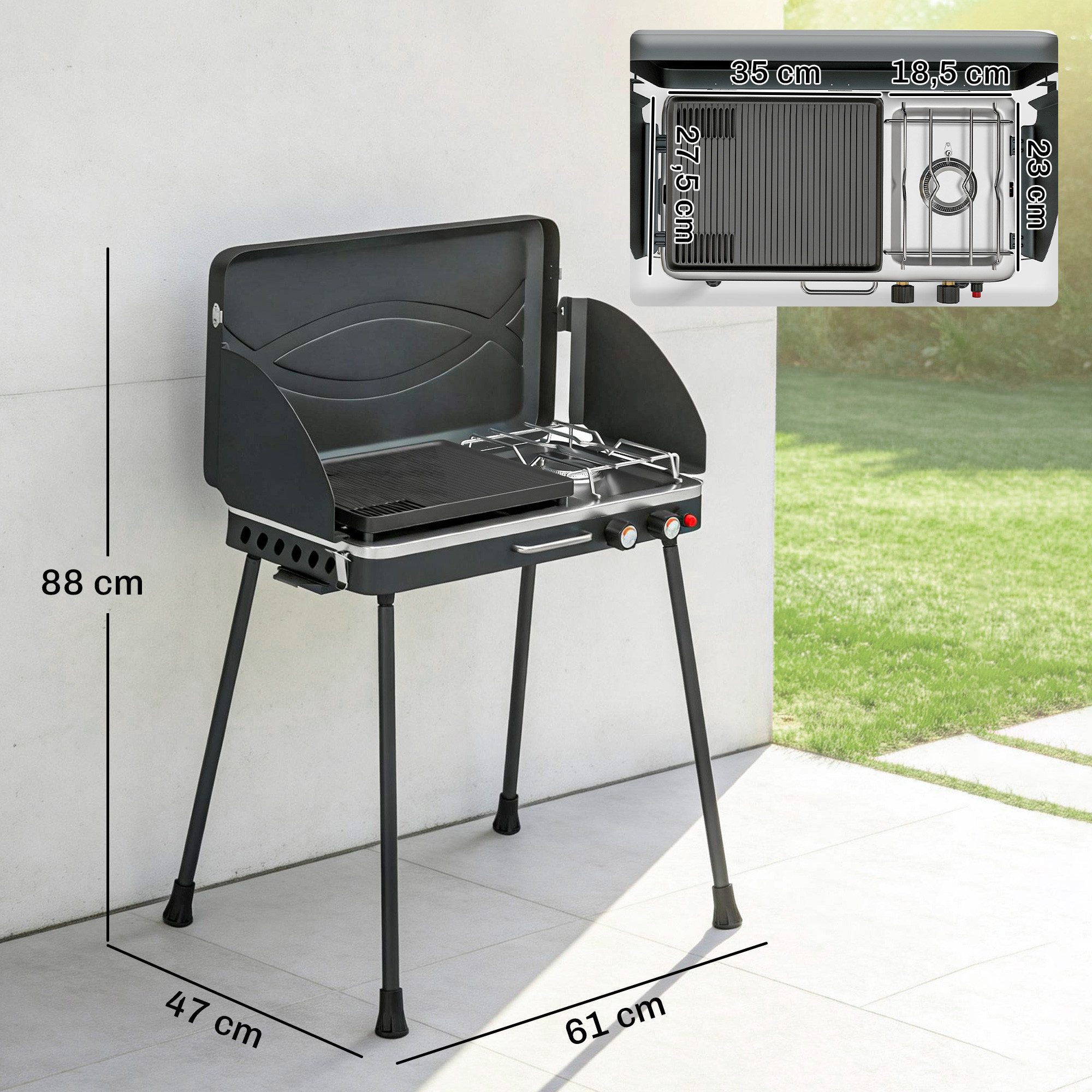 Outsunny Gasgrill mit Braten, klappbar Beine, Grillrost, Windschutz, Deckel, Verschluss, Campinggrill, Tischgrill, für BBQ Camping
