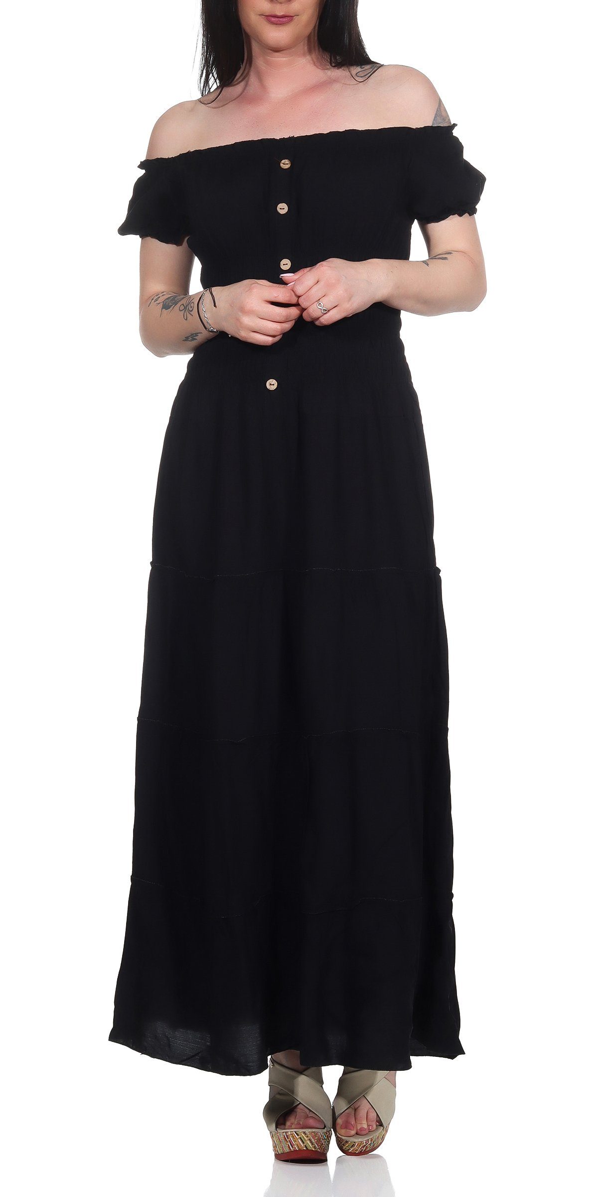 Aurela Damenmode Strandkleid Сукні Damen elegant Sommer Сукні lang einfarbig Gesamtlänge: 132 - 135cm, Carmen- oder Rundhalsausschnitt möglich
