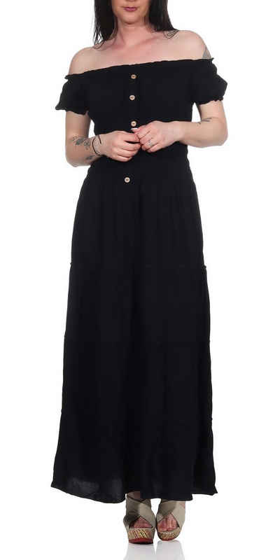Aurela Damenmode Strandkleid Kleider Damen elegant Sommer Kleider lang einfarbig Gesamtlänge: 132 - 135cm, Carmen- oder Rundhals Ausschnitt möglich