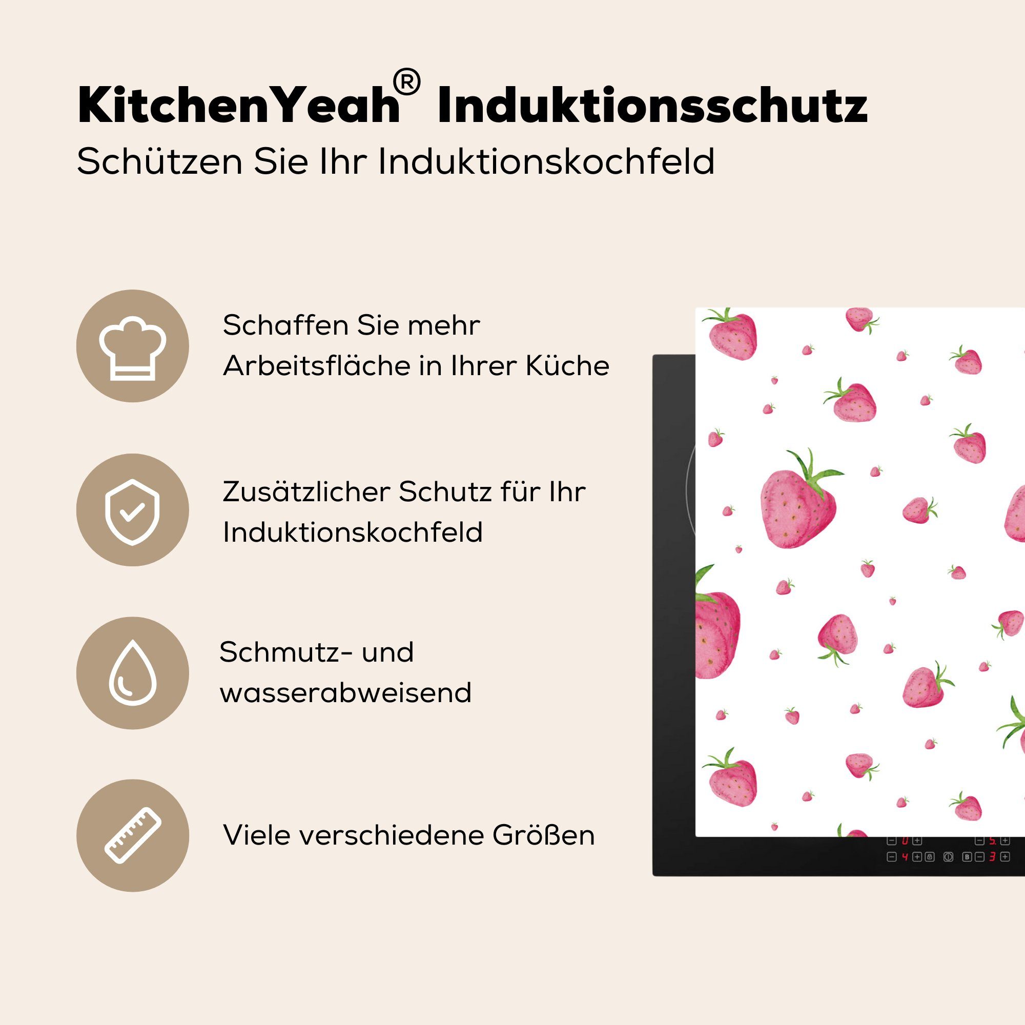 MuchoWow Herdblende-/Abdeckplatte Erdbeere - Obst Ceranfeldabdeckung für küche, - 81x52 (1 die cm, Weiß, Schutz Induktionskochfeld Vinyl, tlg)