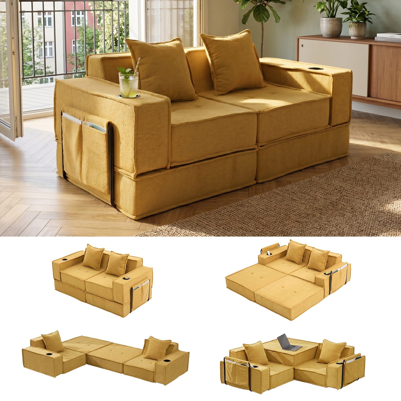 GLP Sofa Modulares Bodensofa 2-Sitzer, Set 5, faltbares Cord-Schlafsofa mit Liegefläche 162x156 cm