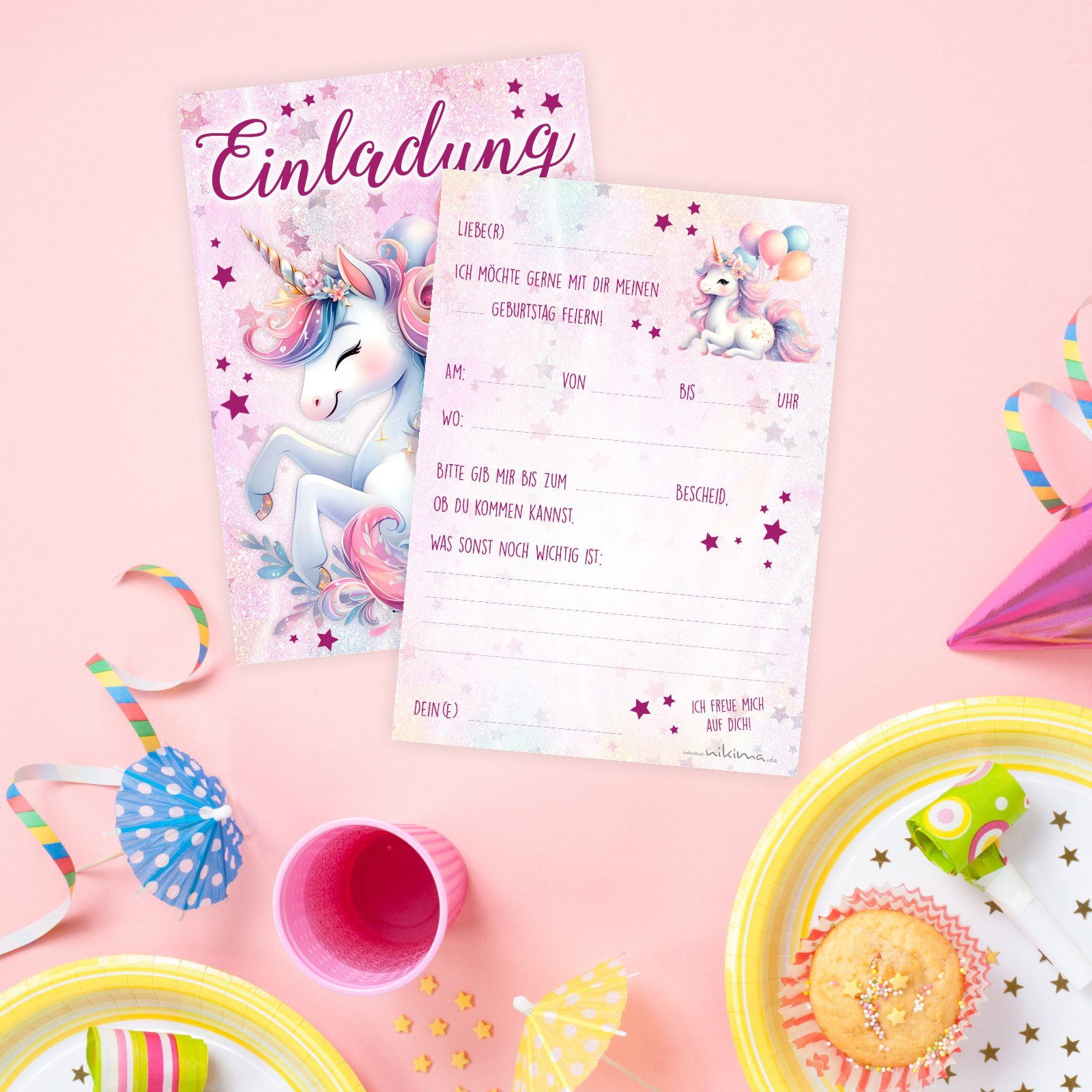 nikima Einladungskarten 10 Einladungskarten Einhorn mit Glitzer für Kindergeburtstag – Bild 4 von 5