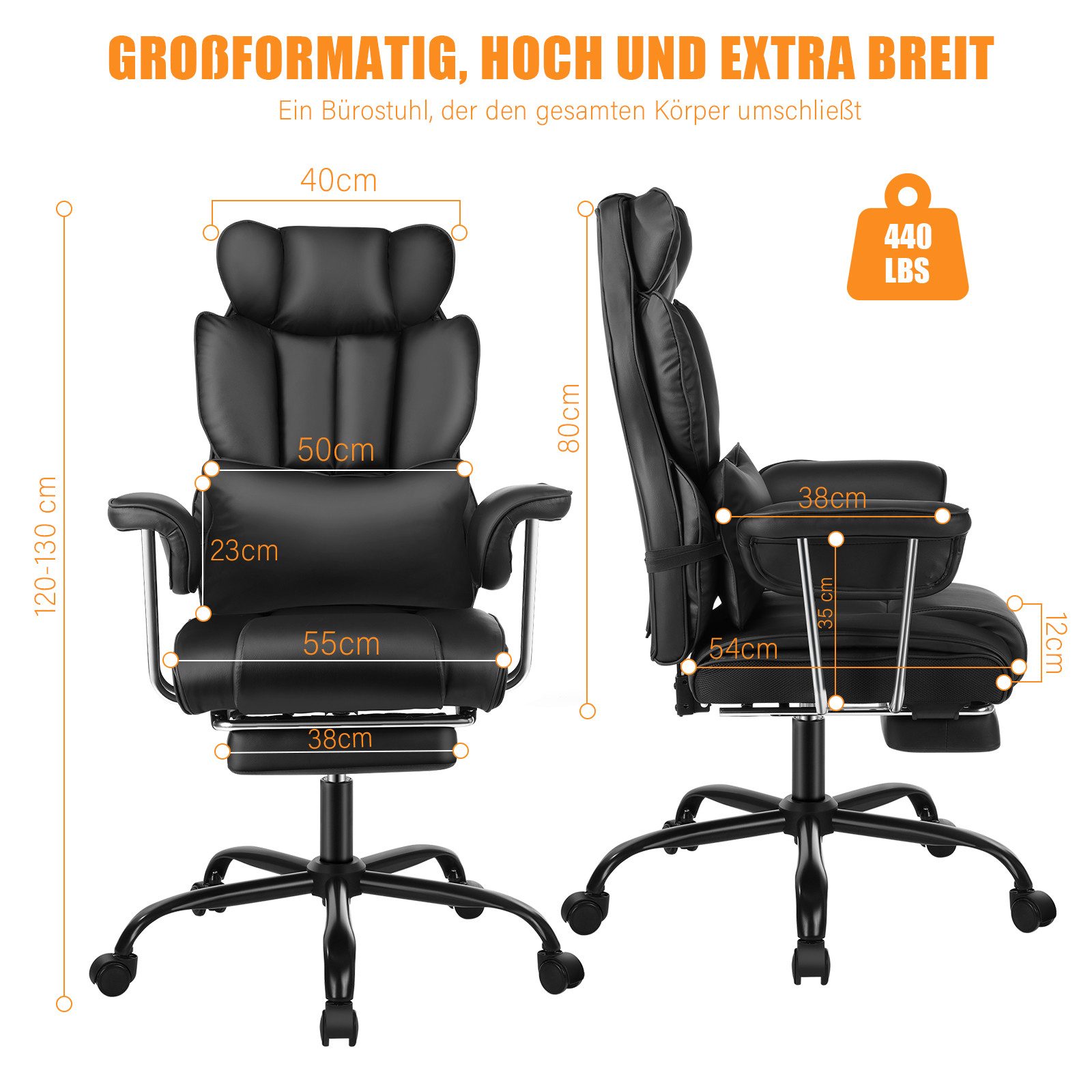 oyajia Chefsessel Ergonomischer Bürostuhl, Höhenverstellbar Schreibtischstuhl (Bürostuhl 200 kg mit Fußstütze und Lendenwirbelstütze), 135° neigbar, für Wohnzimmer, Büro
