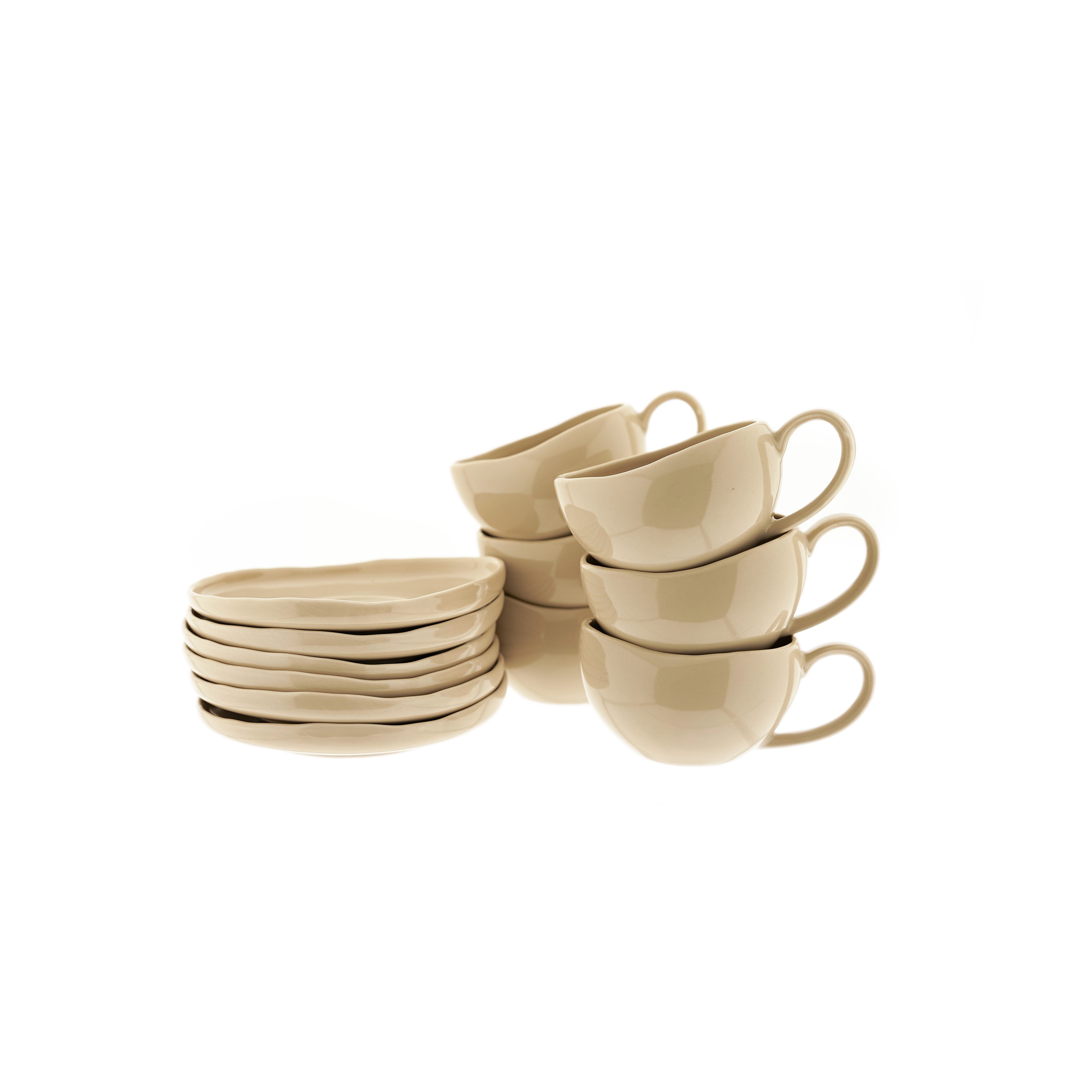 Almina Kaffeeservice Wave Biscuit Kaffeetassen mit Untertellern (12-tlg), 6 Personen, Porzellan, 12-teiliges-Set