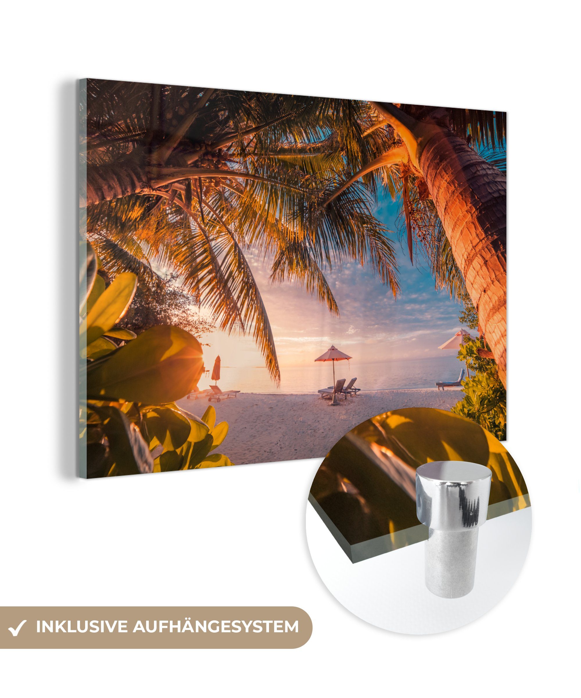 MuchoWow Acrylglasbild Sonnenschirm - Stühle - Strand, (1 St), Acrylglasbilder Wohnzimmer & Schlafzimmer