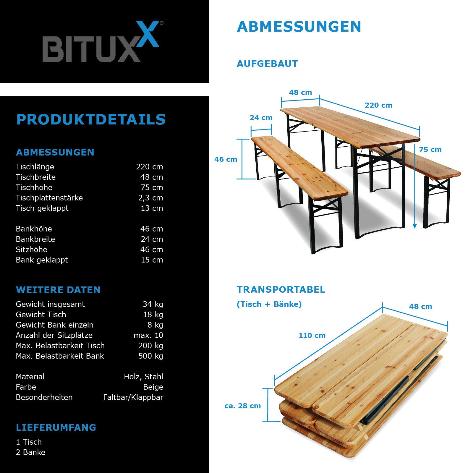 Bituxx Bierzeltgarnitur Tisch + 2 Bänke, (Set, 3-tlg., MS-18761)