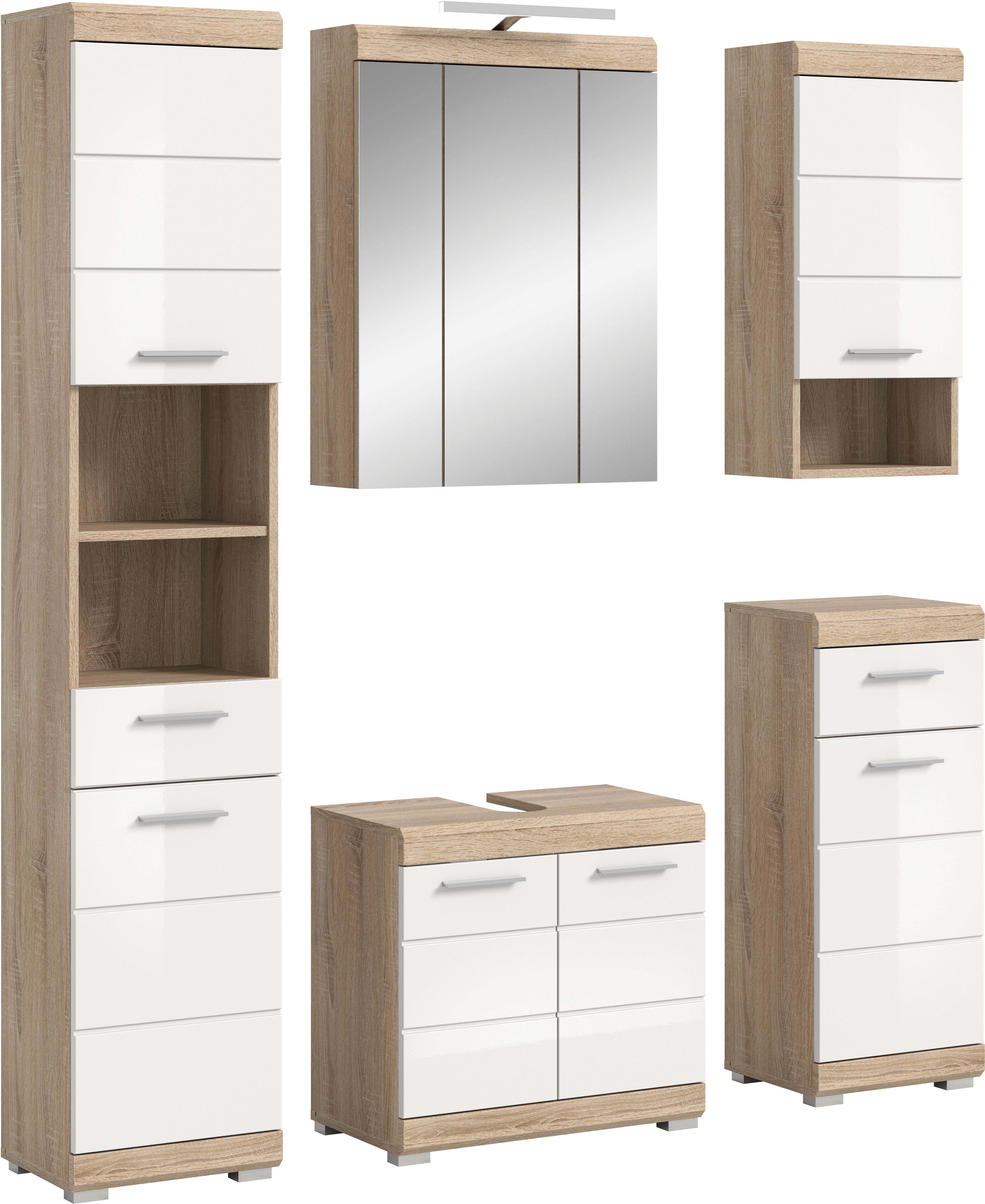 welltime Badmöbel-Set SIENA, 5 teilig, inklusive LED Beleuchtung, bestehend aus:, (Set, 5-St., TOPSELLER), Hochschrank, WBU, Spiegelschrank, Unterschrank, Hängeschrank