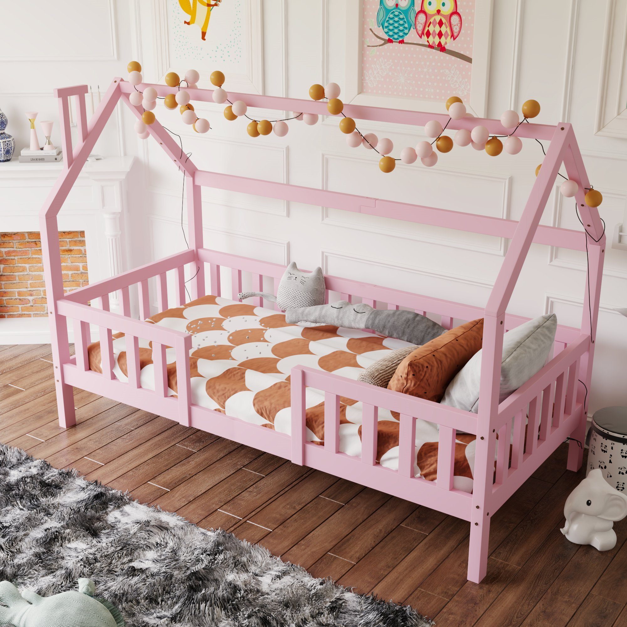 SOFTWEARY Kinderbett (Hausbett mit Lattenrost, 90x200 cm), Einzelbett inkl. Rausfallschutz, Kiefer rosa