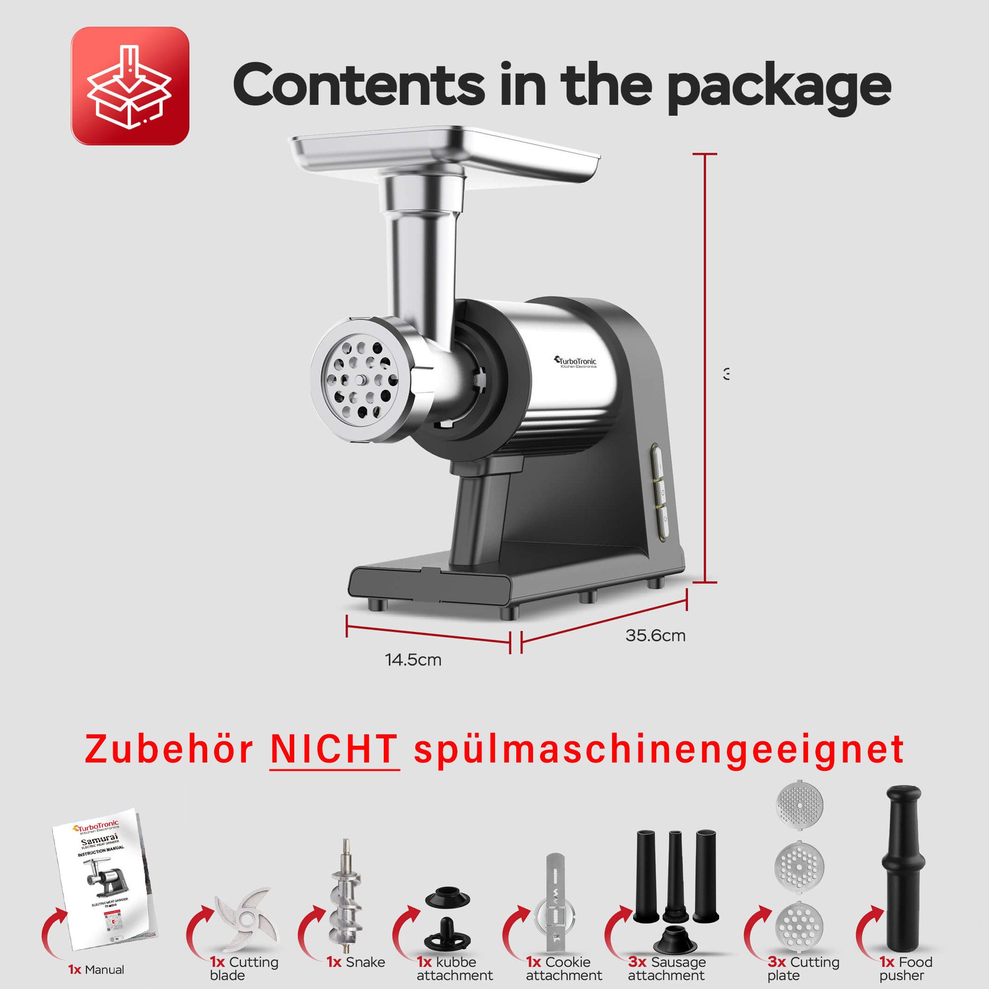 TurboTronic by Z-Line Fleischwolf 2600W mit Spritzgebäckvorsatz Metallgetriebe & Edelstahl Messer Meat, 2600 W, Grinder Mincer Wurstfüller Kebbeh Aufsatz Hackfleisch beste Maschine