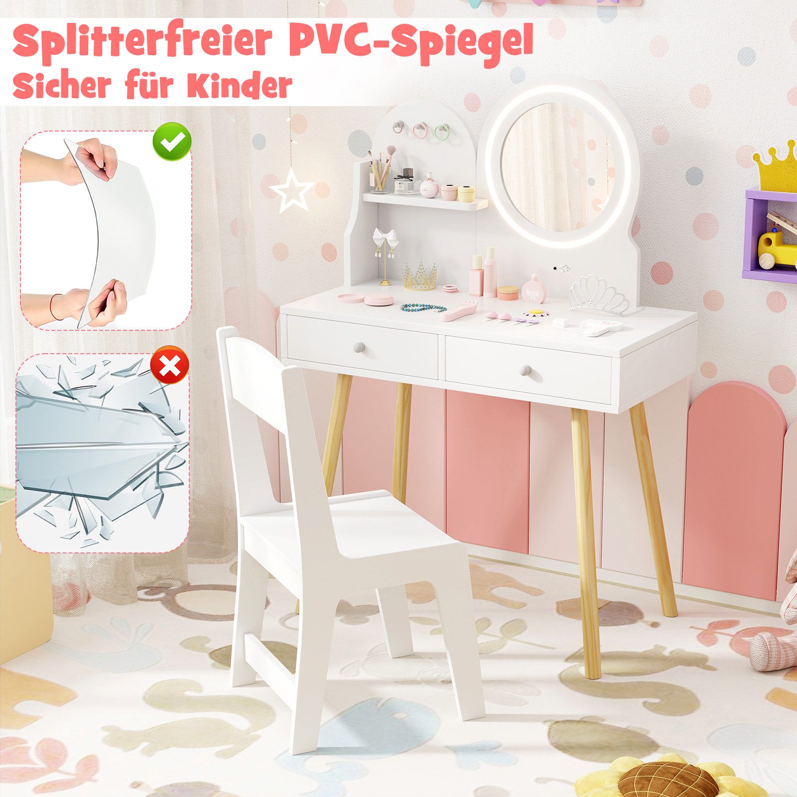 COSTWAY Schminktisch, Kinder Schminktisch mit LED-Beleuchtung, günstig online kaufen