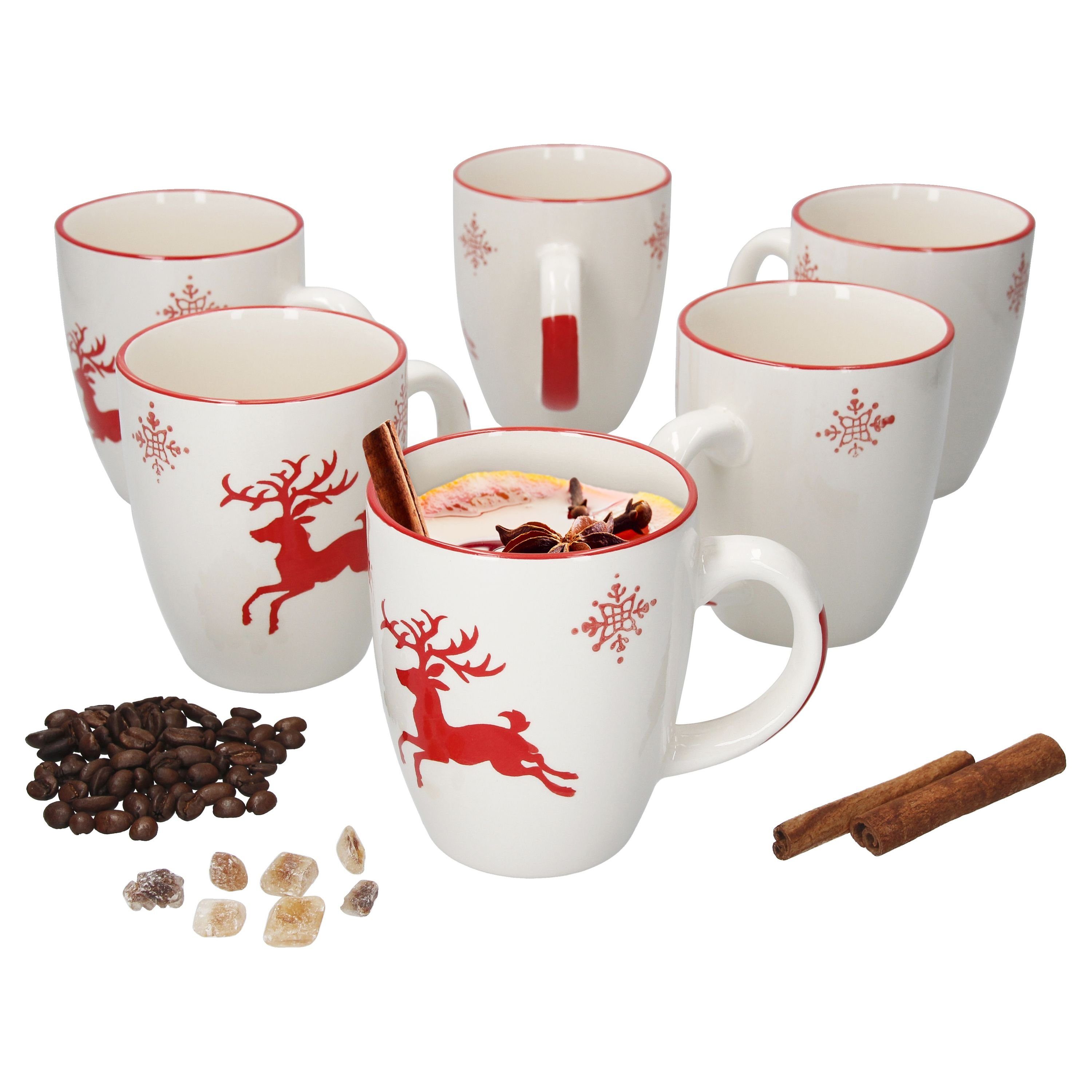 Becher 6er Set Kaffeebecher Weihnachten 300ml Schneeflocken Hirsch Glühwein