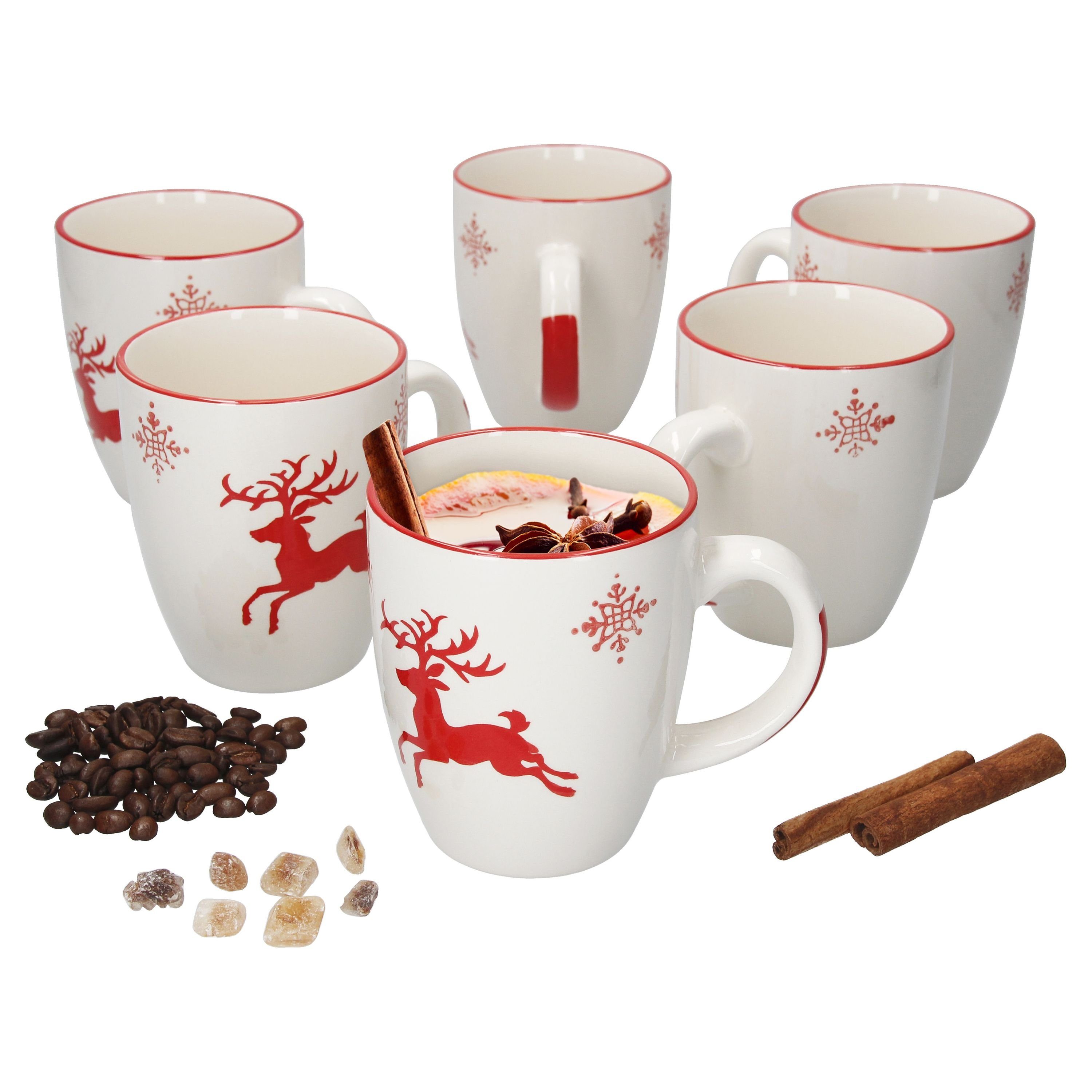 MamboCat Becher 6er Set Kaffeebecher Glühwein, Weihnachten 300ml Steingut Hirsch Schneeflocken