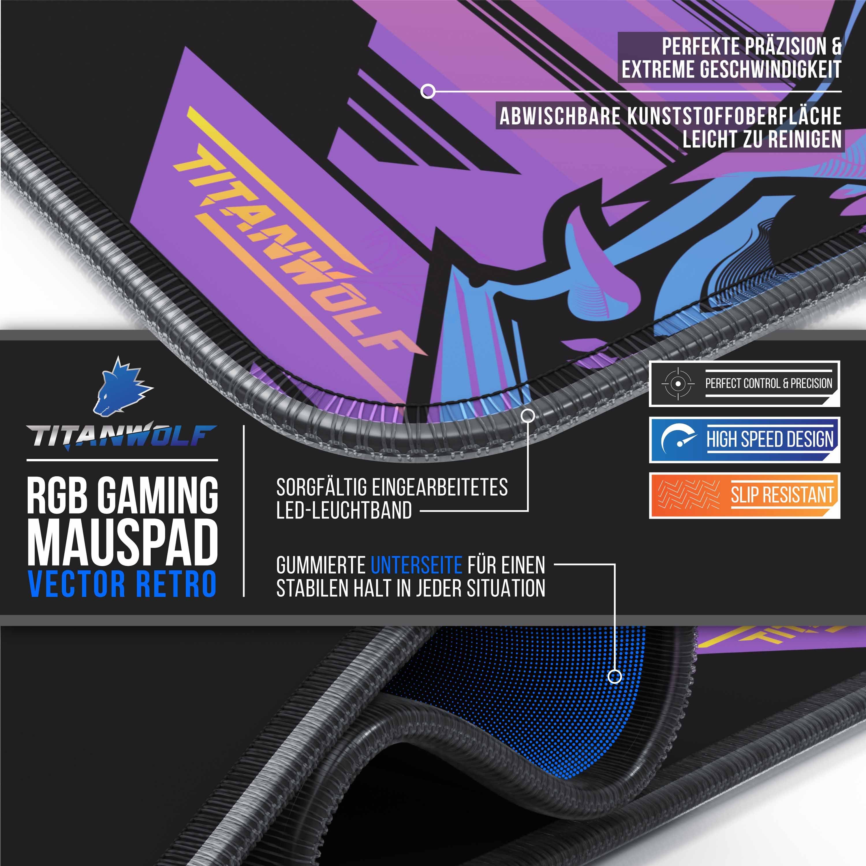 Titanwolf Gaming Mauspad RGB Mousepad 800 x 300 x 3 mm, LED Multi Color XL Tischunterlage (1-St), rutschfest, abwaschbar, Geschwindigkeit & Präzision, Vector Gr – Bild 5 von 5