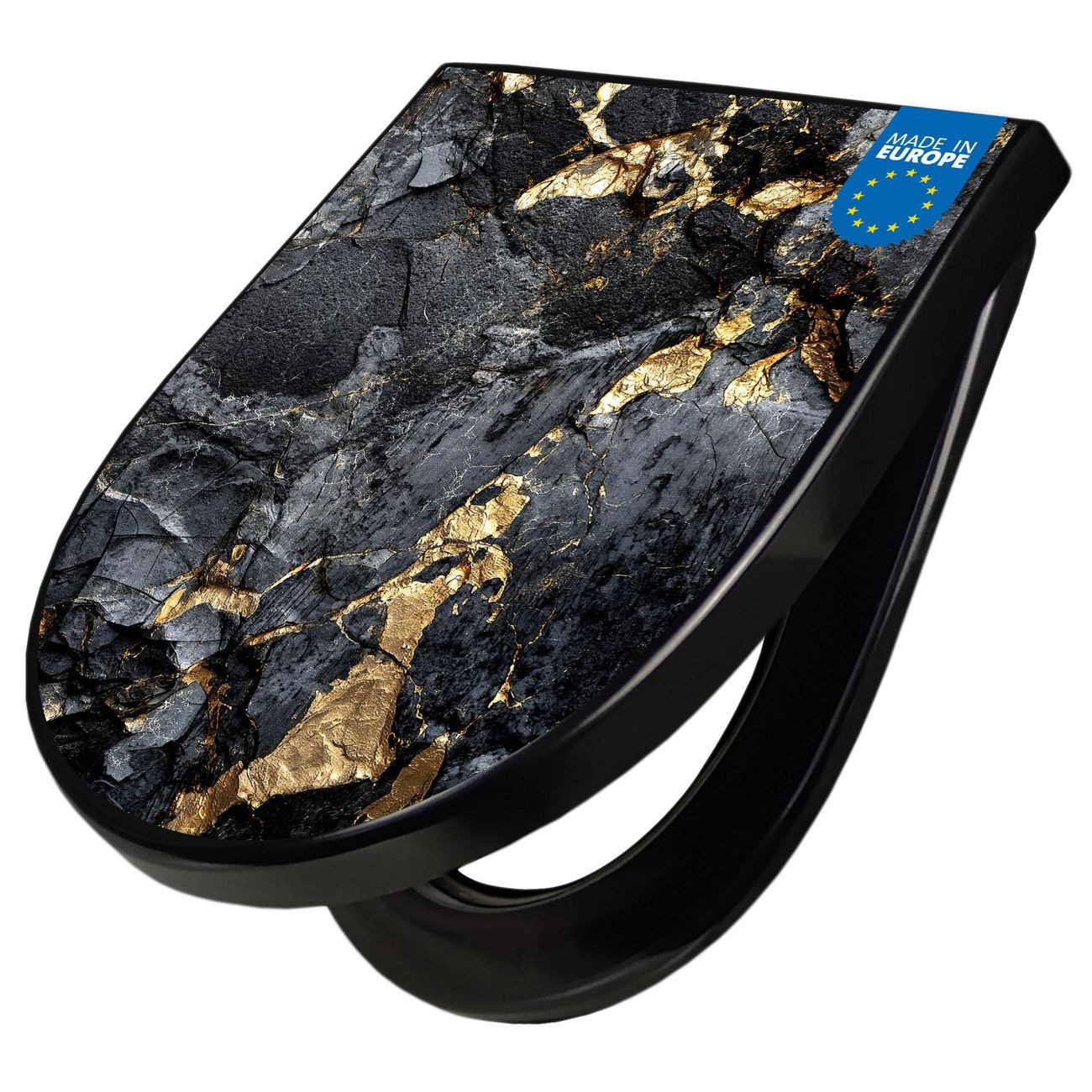 banjado WC-Sitz Premium D-Form mit Absenkautomatik Motiv Schwarzer Marmor mit Gold 1 (umweltfreundliches Material, Softclose Absenkautomatik), 45 x 36,4 x 4