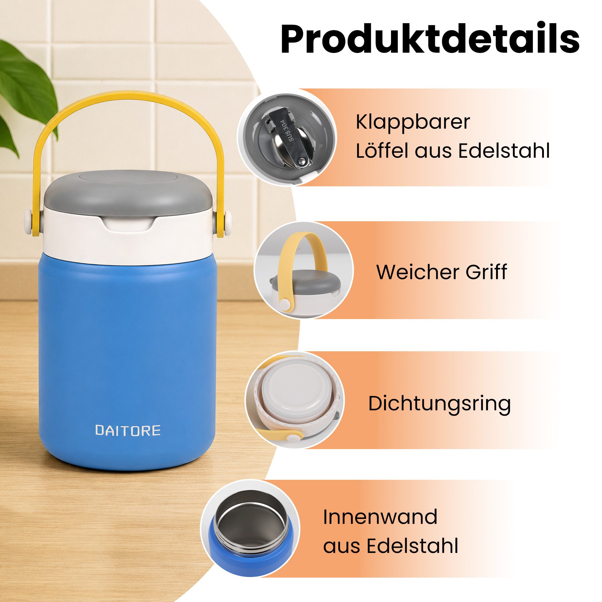 DAITORE Thermobehälter 480ml Thermobehälter Edelstahl 304 mit Löffel, auslaufsicher, (Geeignet für Büro, Schule, Reisen, Vielseitige Anwendung), 5h warm & 8h ka – Bild 4 von 5