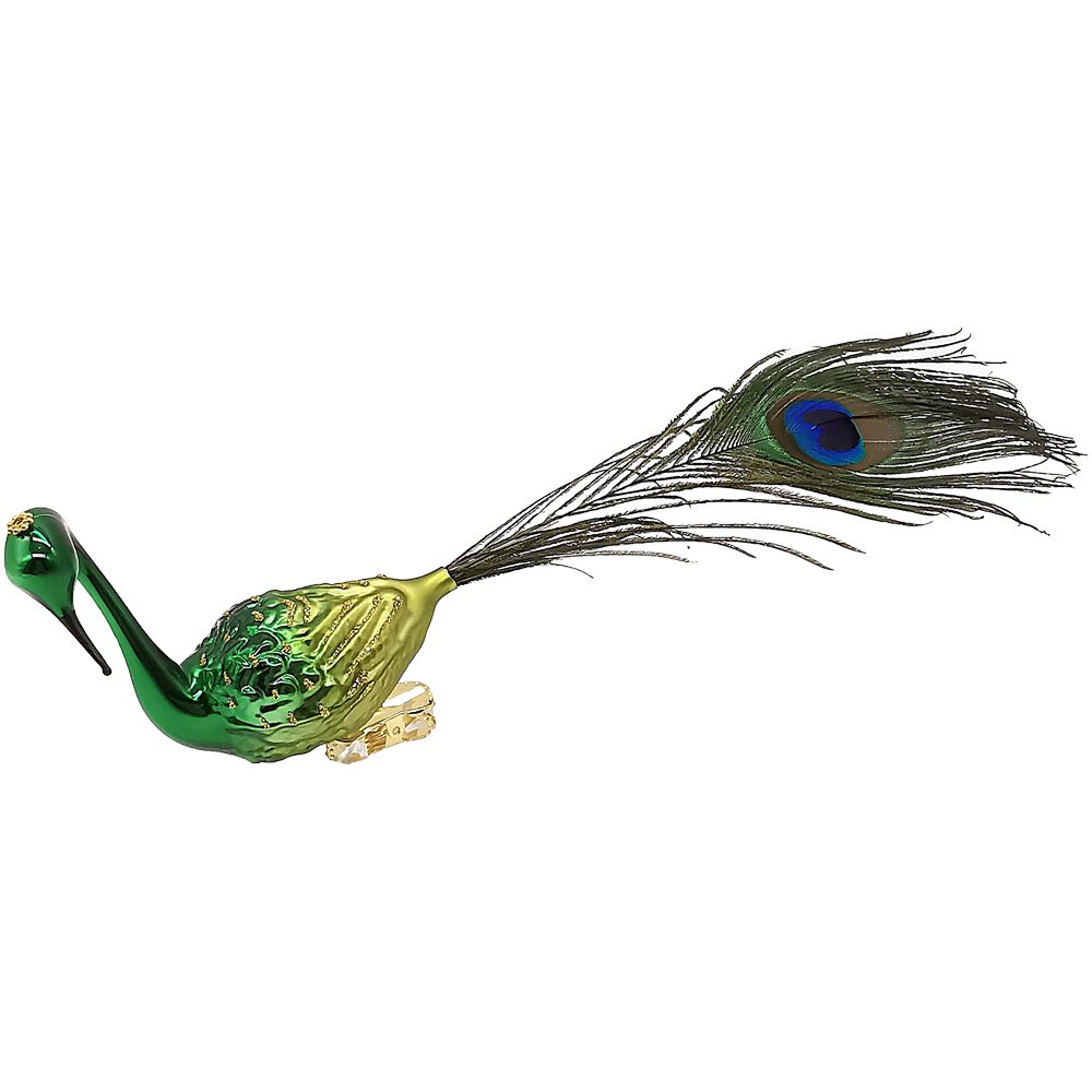 Schatzhauser Christbaumschmuck großer Pfau mit Krone, Glasvogel 8cm/22cm mit Pfauenfeder (1-tlg), mundgeblasen, handbemalt mit echter Feder
