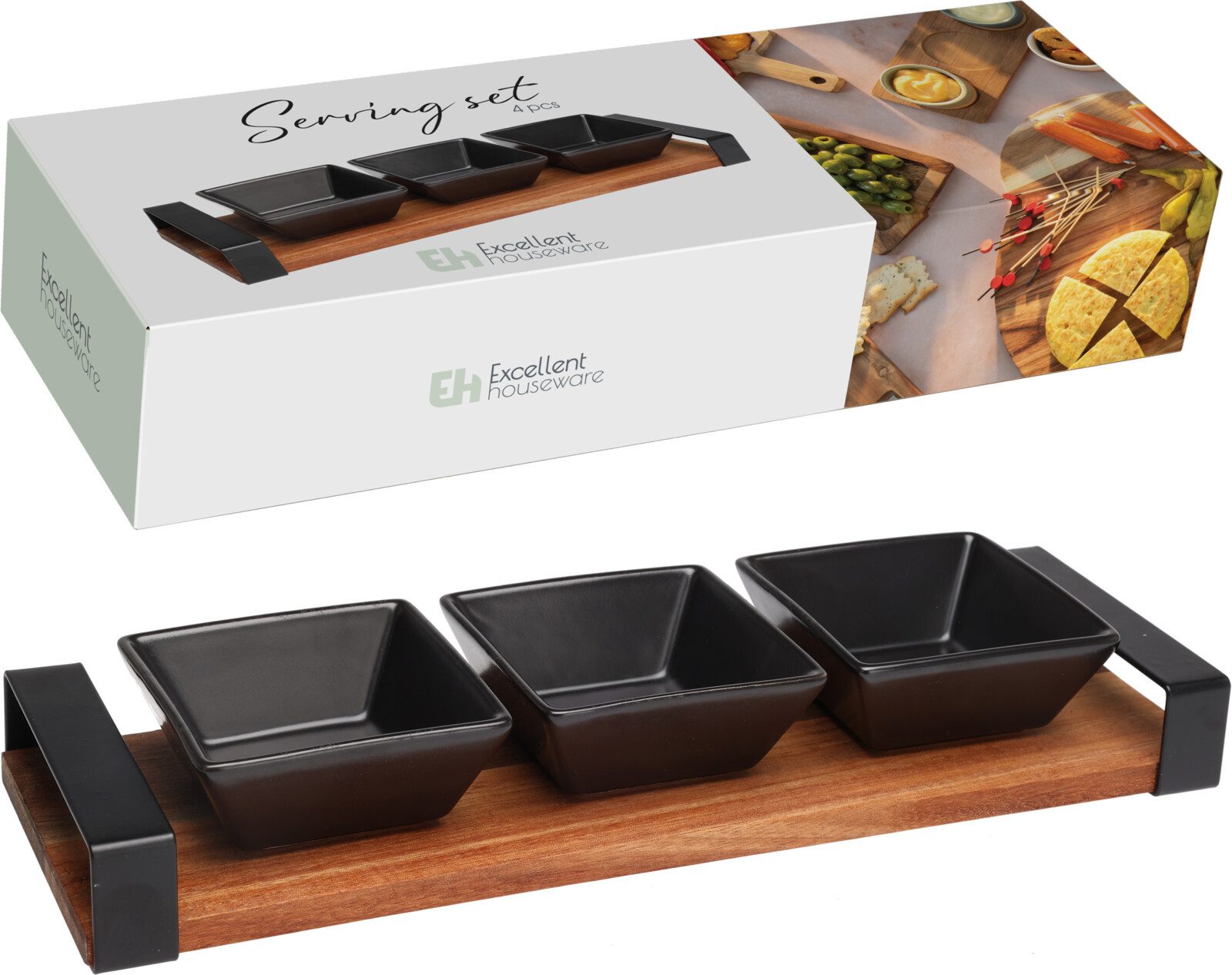 Koopman Servierschale Dipschale Tablett 31 cm x 10 cm x 4 cm, Akazienholz, (4-tlg), 3 Schalen, Akazienholz, 1 Tablett, Keramikschalen, Metallgriffe