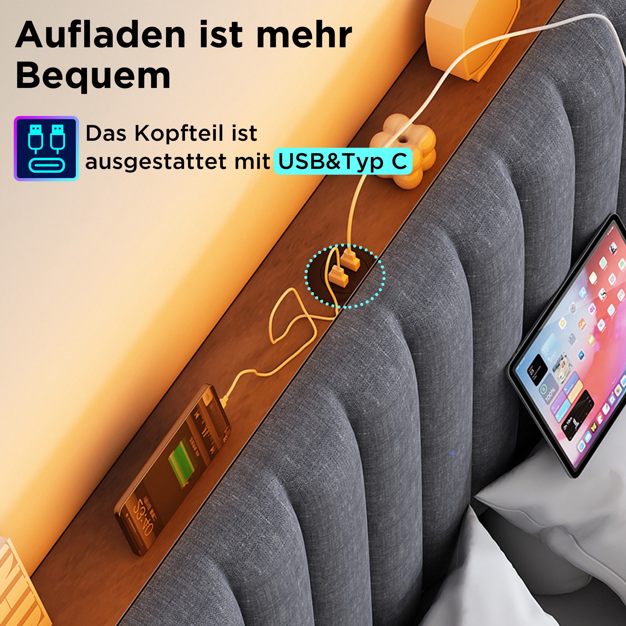 Polsterbett (Stauraumbett, Doppelbett 140x200cm mit Lattenrost und LED-Beleuchtung), mit Ladefunktion und Stauraumfächer, Verstellbares Kopfteil, Leinen