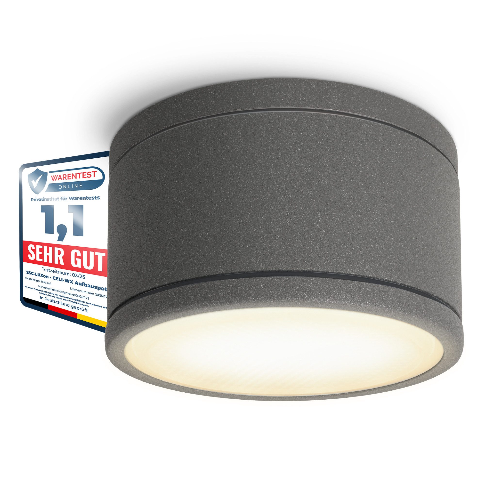 SSC-LUXon LED Außen-Deckenleuchte CELI-WX Aufbauspot flach IP44 Bad & Aussen anthrazit mit LED GX53 5W, Warmweiß bis Tageslicht