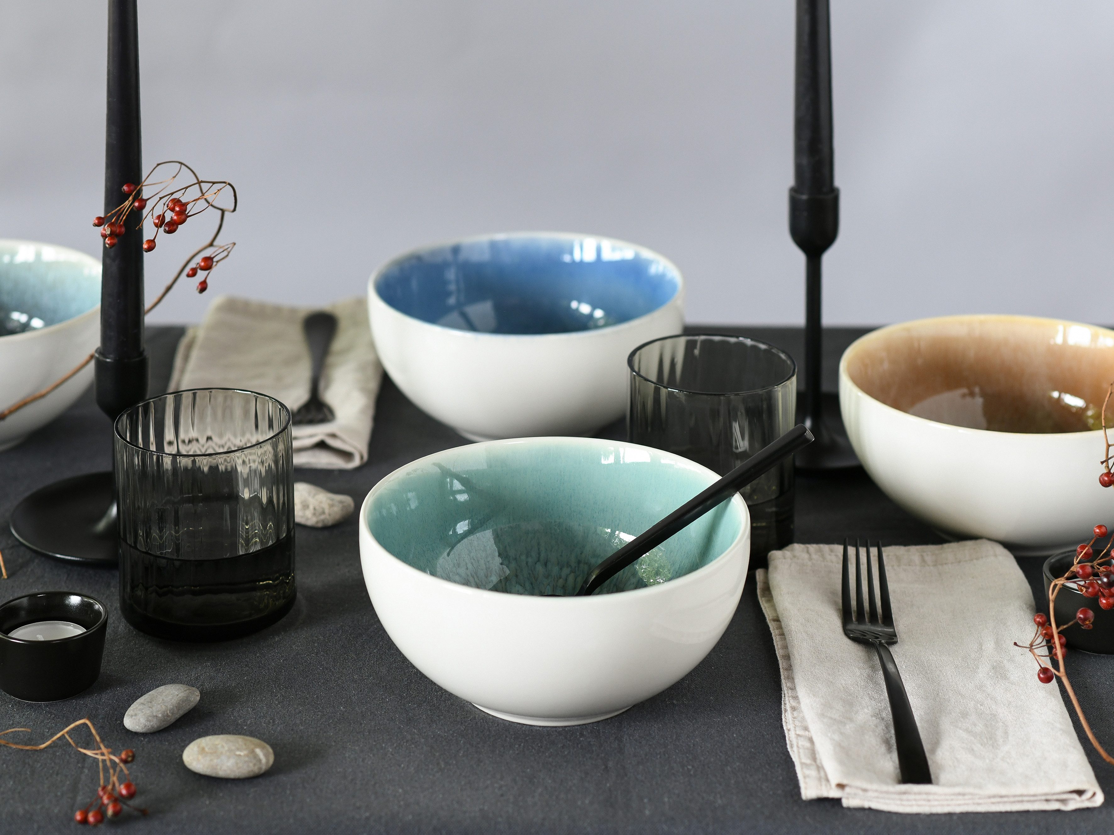CreaTable Schüssel Caldera Mix, Buddha Bowl, 4-tlg., Steinzeug, (Set, 4-tlg), Moderne Coupeform, Reaktivglasur