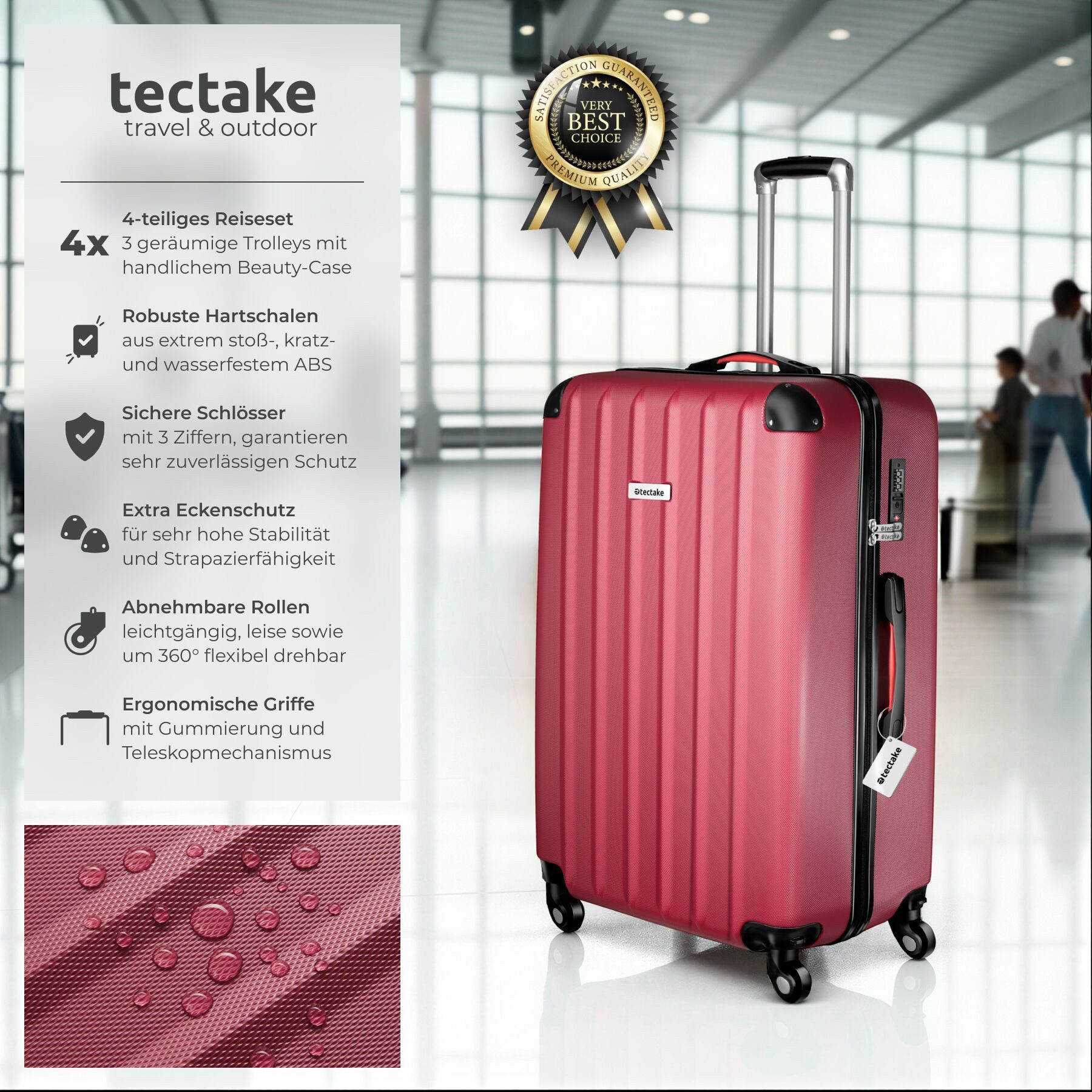 tectake Trolley Hartschalenkoffer-Set 9-teilig mit Kofferwaage und TSA-Zahlenschloss, 4 Rollen, mit Teleskopgriff, 360° drehbare, abnehmbare Rollen, abteilbar