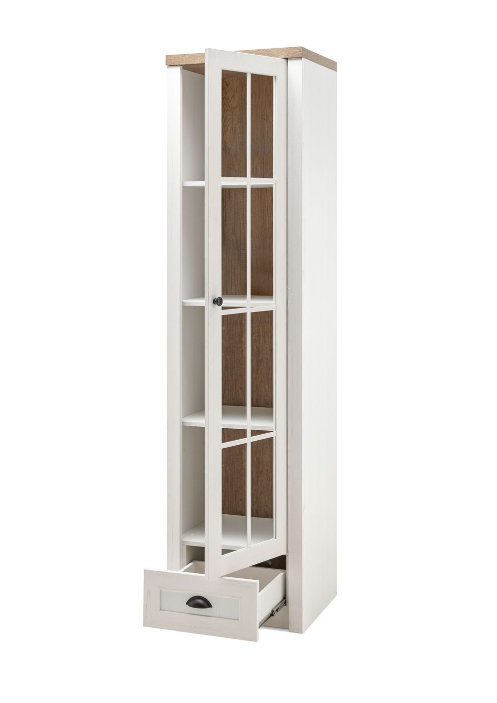 Feldmann-Wohnen Vitrine Vitrine PROVENCE 9PPEPE23 pinie weiß eichefarben hell 25758420 #I (mit Tür, mit Einlegeböden, mit Schublade, 1-St., moderne Optik, mit Tür, mit Schublade) 50x43x198cm Pinie weiß Eiche hell