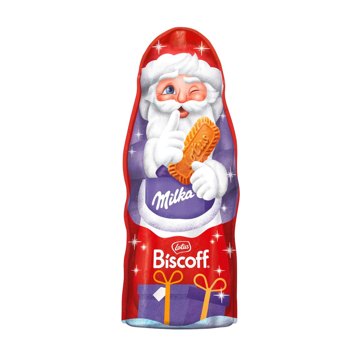 MILKA Schokolade, Milka Weihnachtsmann Biscoff Alpenmilch Schokolade Packung 95g