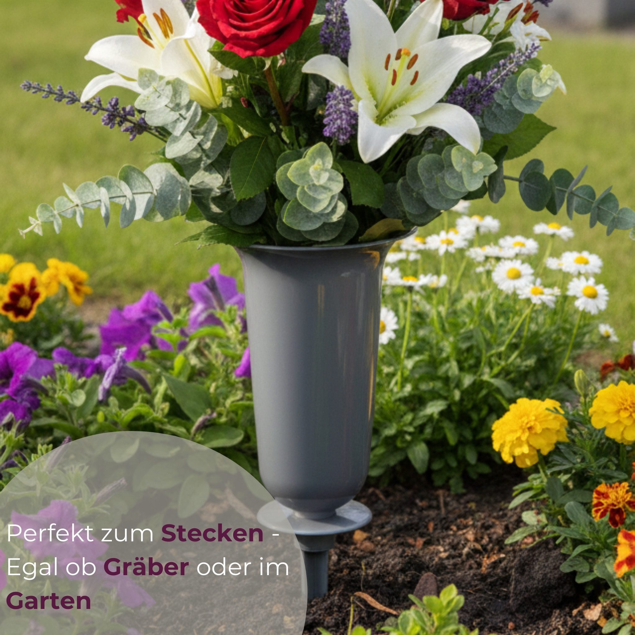 matches21 HOME & HOBBY Dekovase Grabvasen mit Erdspieß und Sockel 2er Set (31, 32 cm) grau (2 St), Wetterfeste Grabschmuck Friedhofsvasen zum Stecken, Hinstelle – Bild 4 von 5