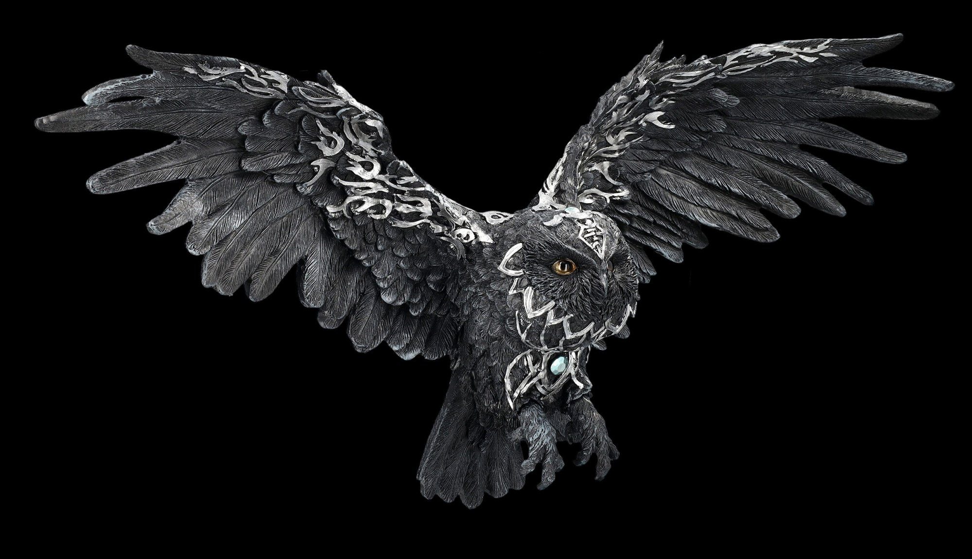 Figuren Shop GmbH Wanddekoobjekt Wandrelief - Schwarze keltische Eule - Tierfigur Fantasy Wandbehang