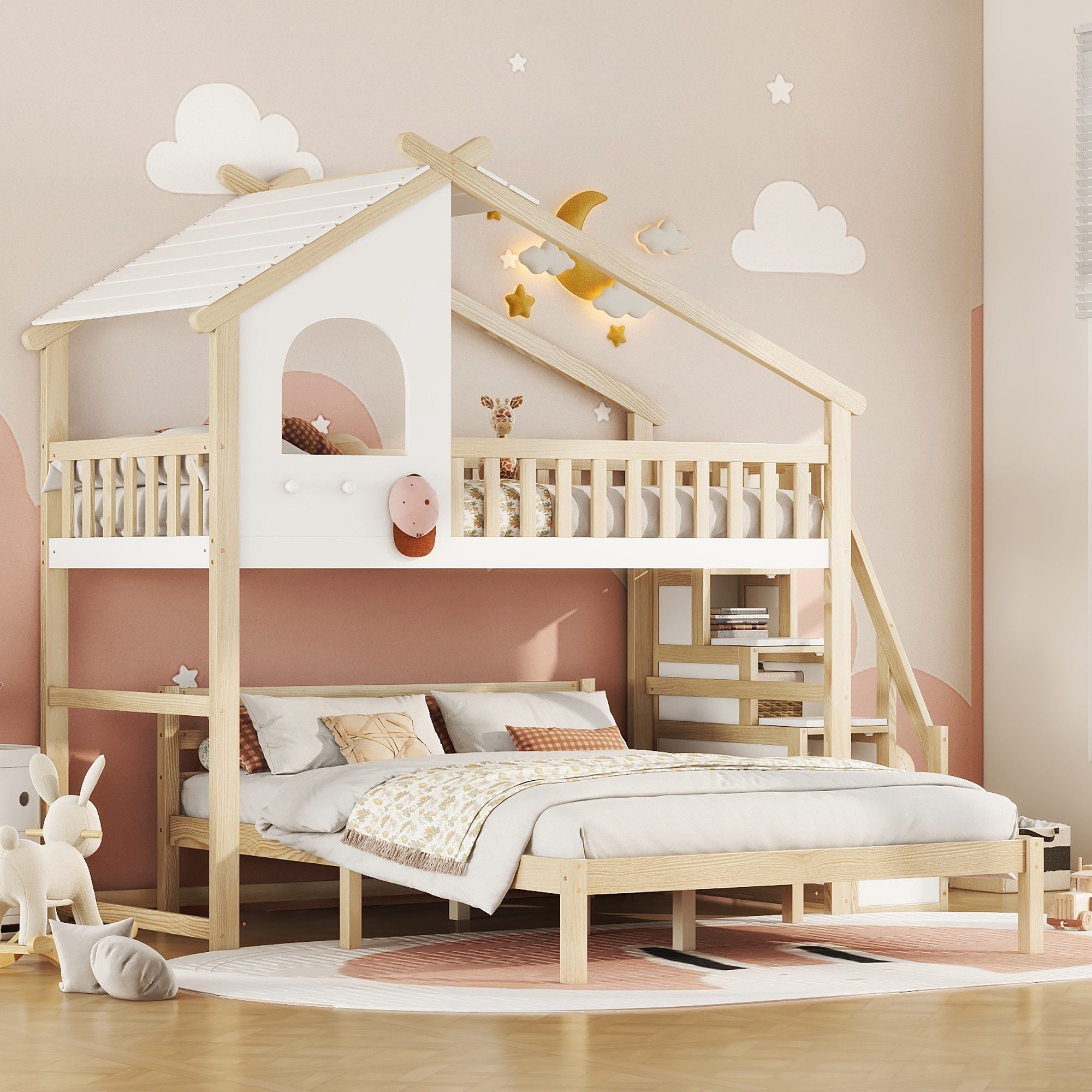 REDOM Etagenbett Hausbett, Hochbett, Stauraumleiter, unteres Stockwerk 140x200cm, ohne Matratze