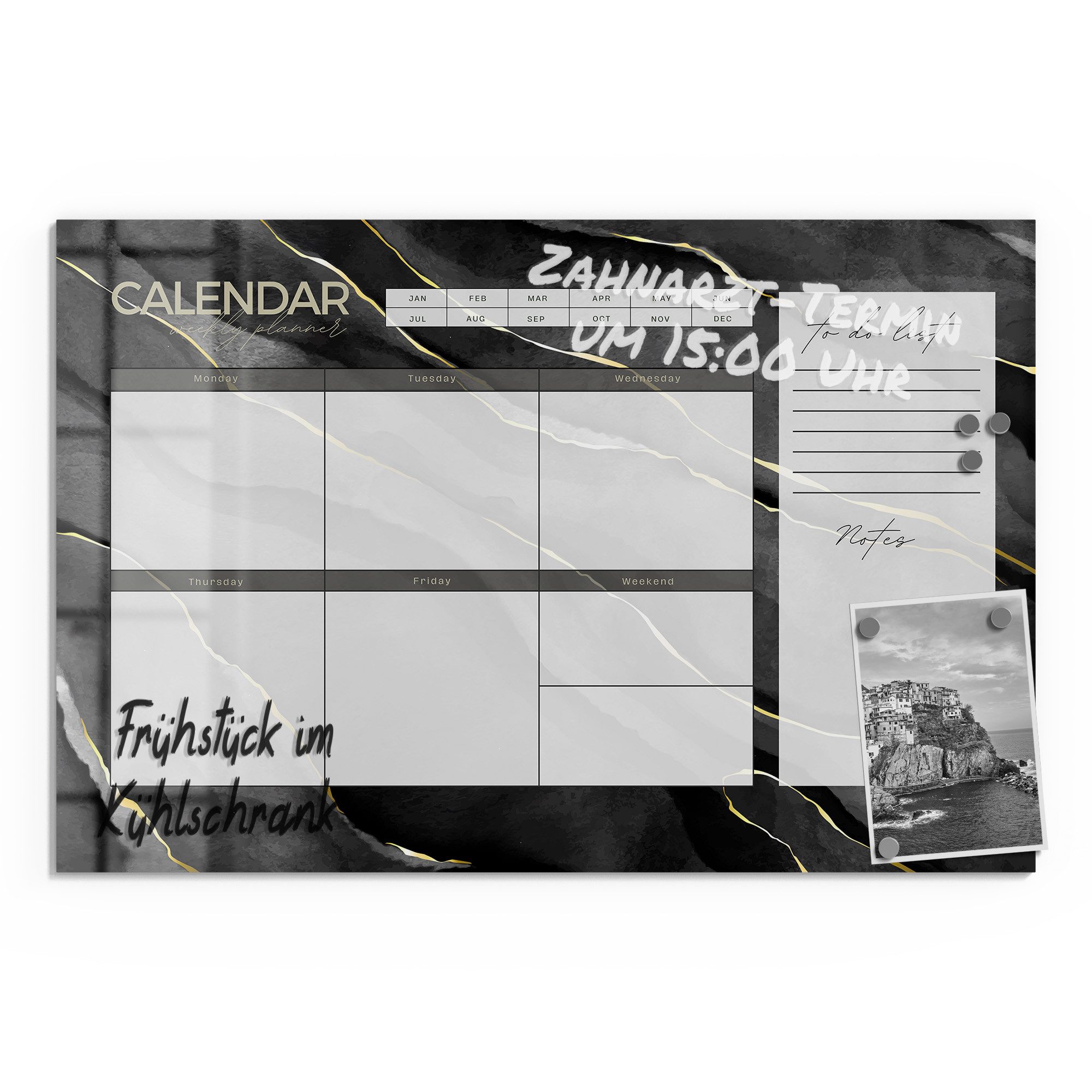 DEQORI Magnettafel 'Wochenplaner Mamor (EN)', Whiteboard Pinnwand beschreibbar