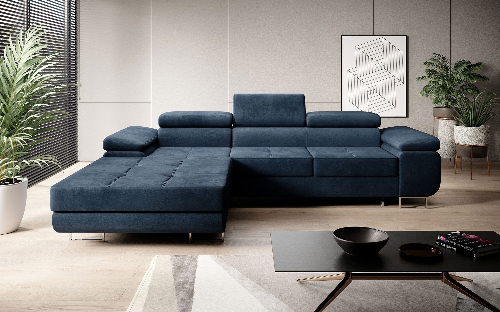 Baidani Sofa Designer Sofa Calvera mit Schlaf- und Klappfunktion, modernes Design Blau
